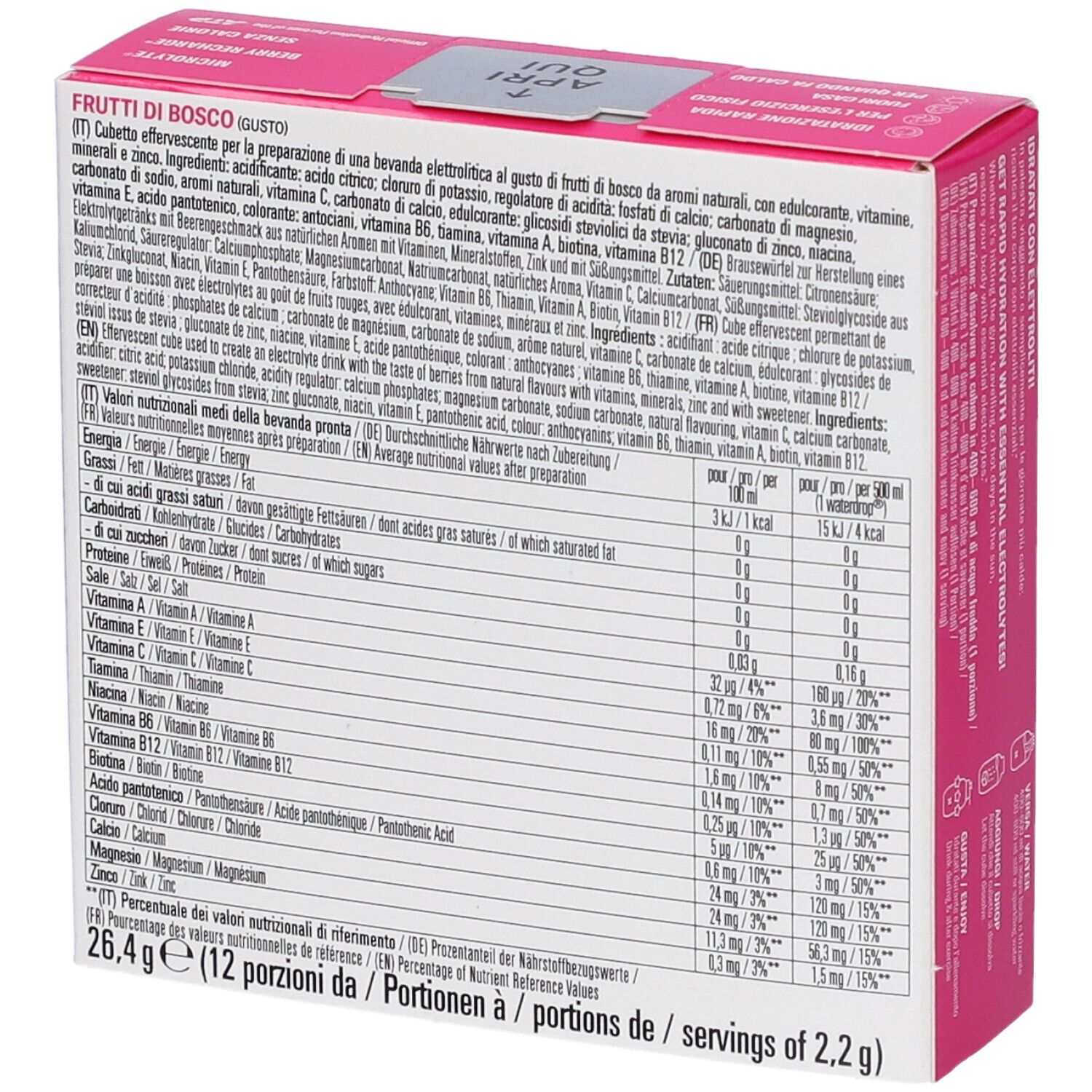 Retro della confezione Waterdrop Berry Recharge cubetti elettrolitici con dettagliate informazioni nutrizionali e ingredienti.