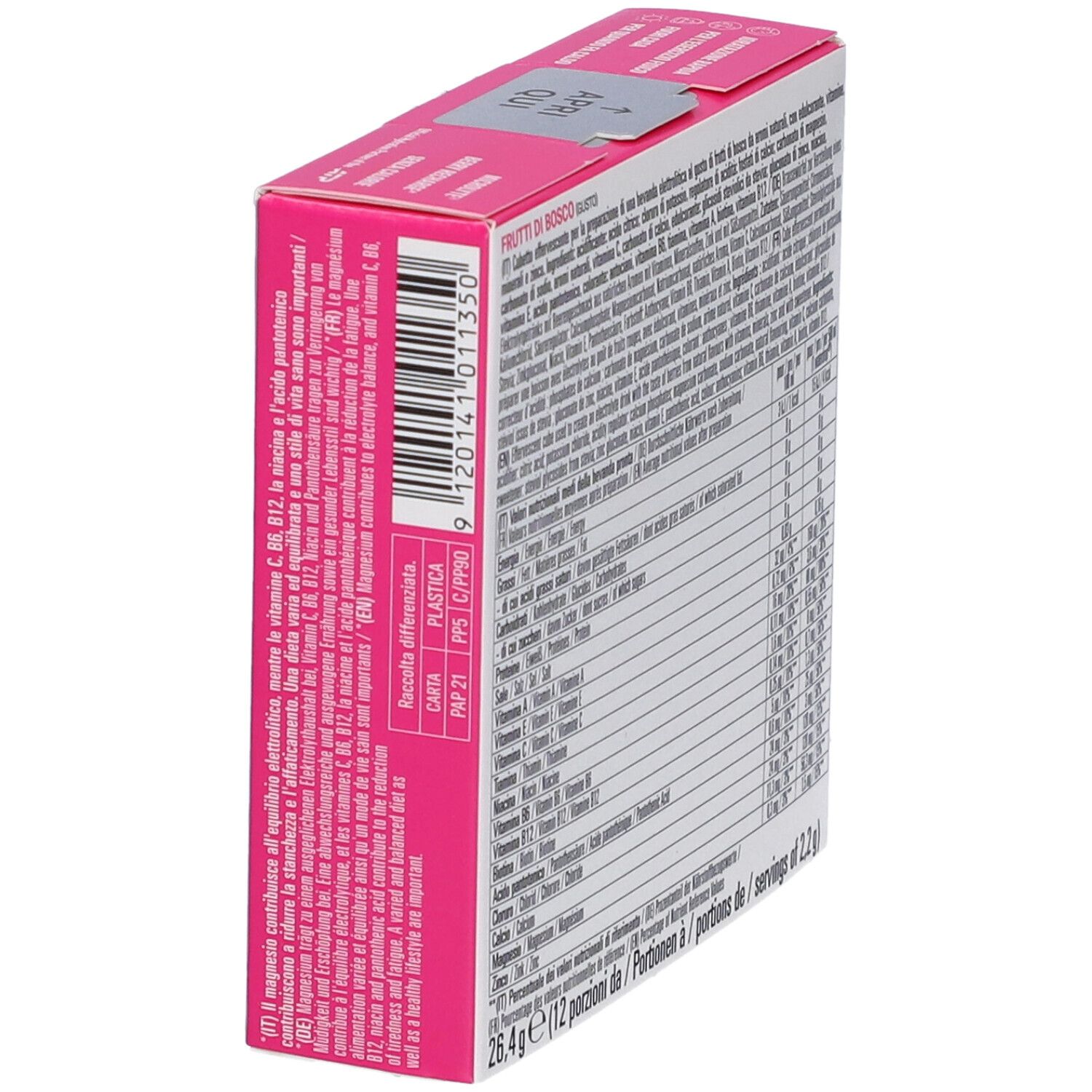 Vista laterale della confezione Waterdrop Berry Recharge cubetti elettrolitici con codice a barre e informazioni sul riciclo.