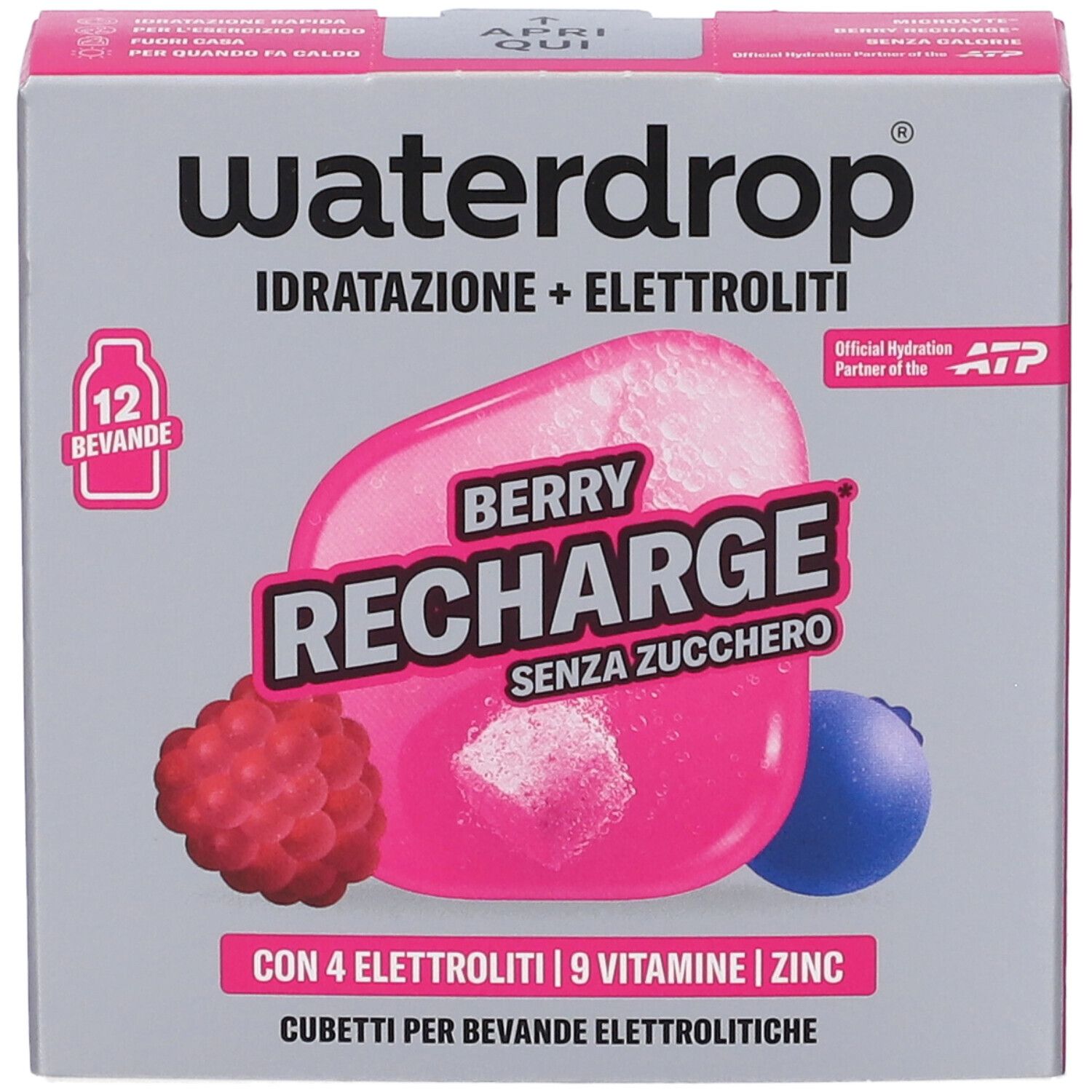 Confezione Waterdrop Berry Recharge cubetti elettrolitici con immagine di frutti di bosco e informazioni nutrizionali.