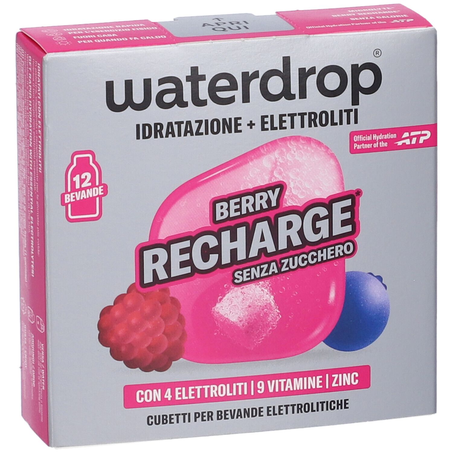 Confezione Waterdrop Berry Recharge cubetti elettrolitici con immagine di frutti di bosco e informazioni nutrizionali.