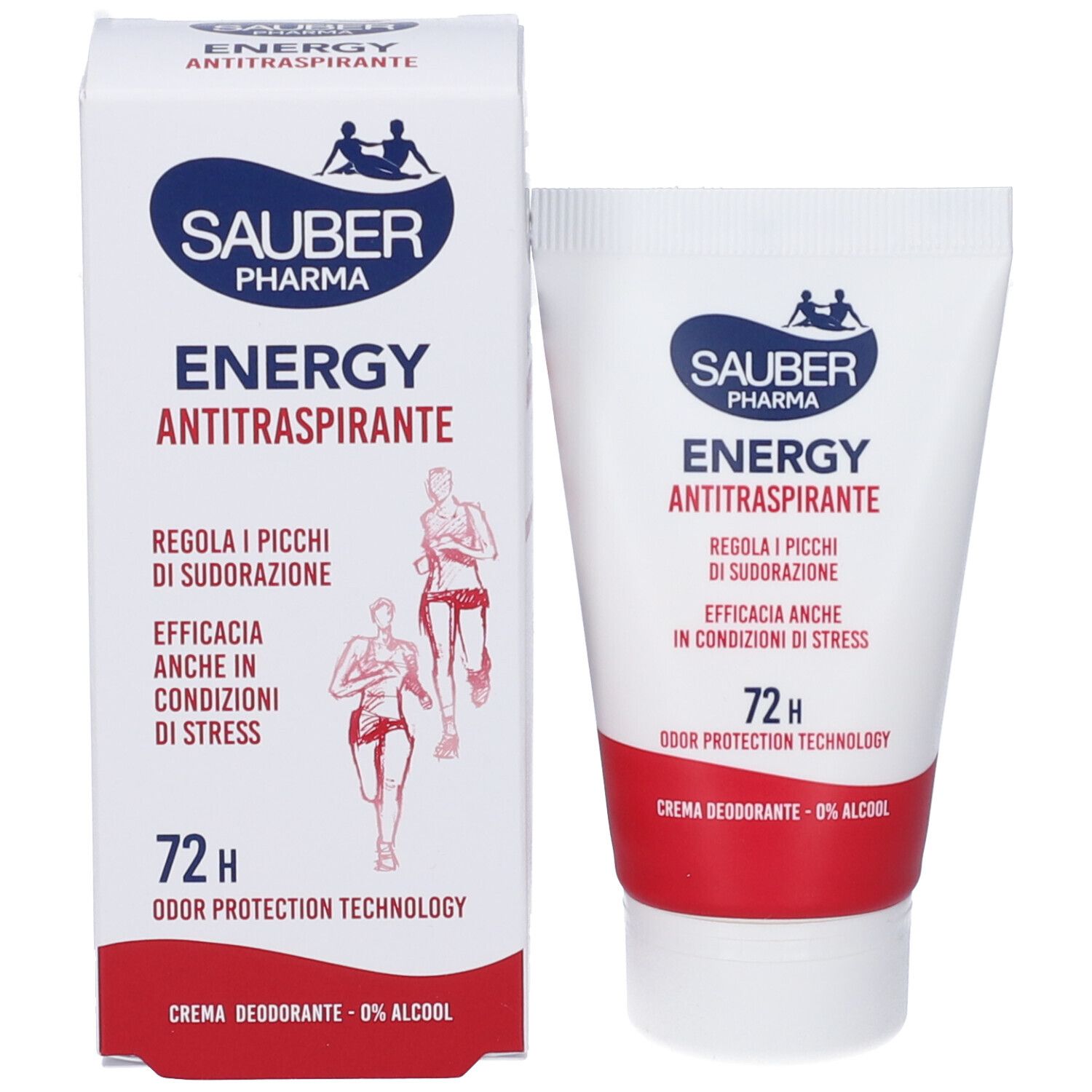 Prodotto e confezione. Scatola bianca e tubo. Sauber Pharma Energy Antitraspirante. 72H, Crema Deodorante.