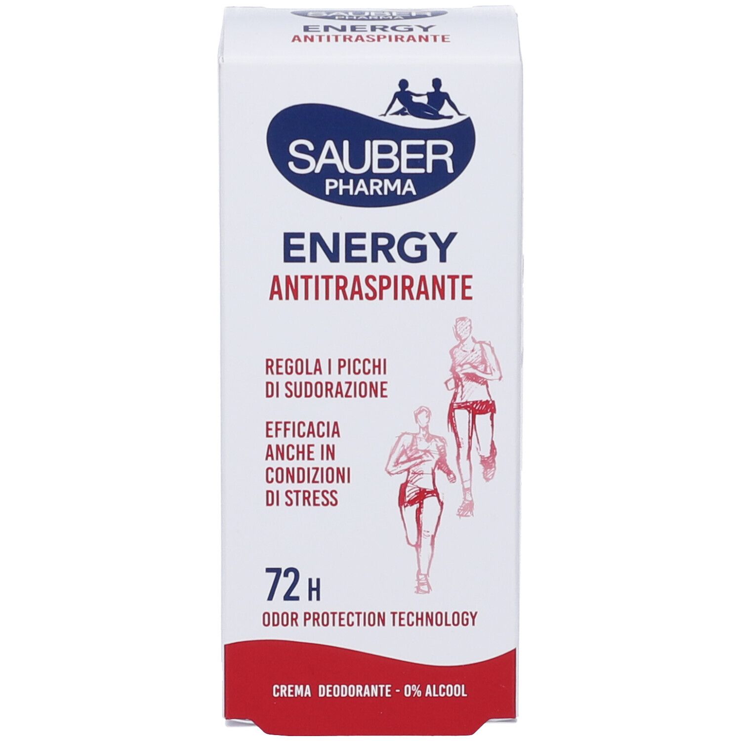 Confezione bianca con scritta Sauber Pharma Energy Antitraspirante. 72H, Crema Deodorante. Illustrazione di corridori.