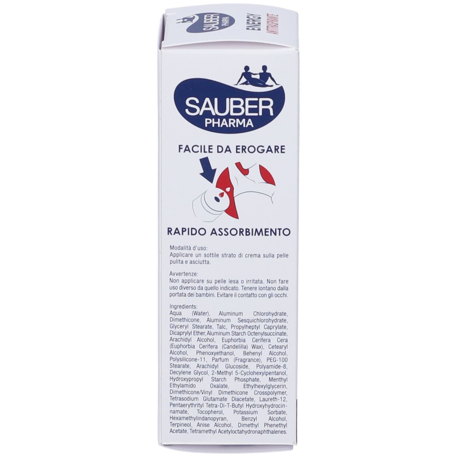 Confezione con testo e illustrazioni. Sauber Pharma Energy Antitraspirante. Informazioni sull'uso.