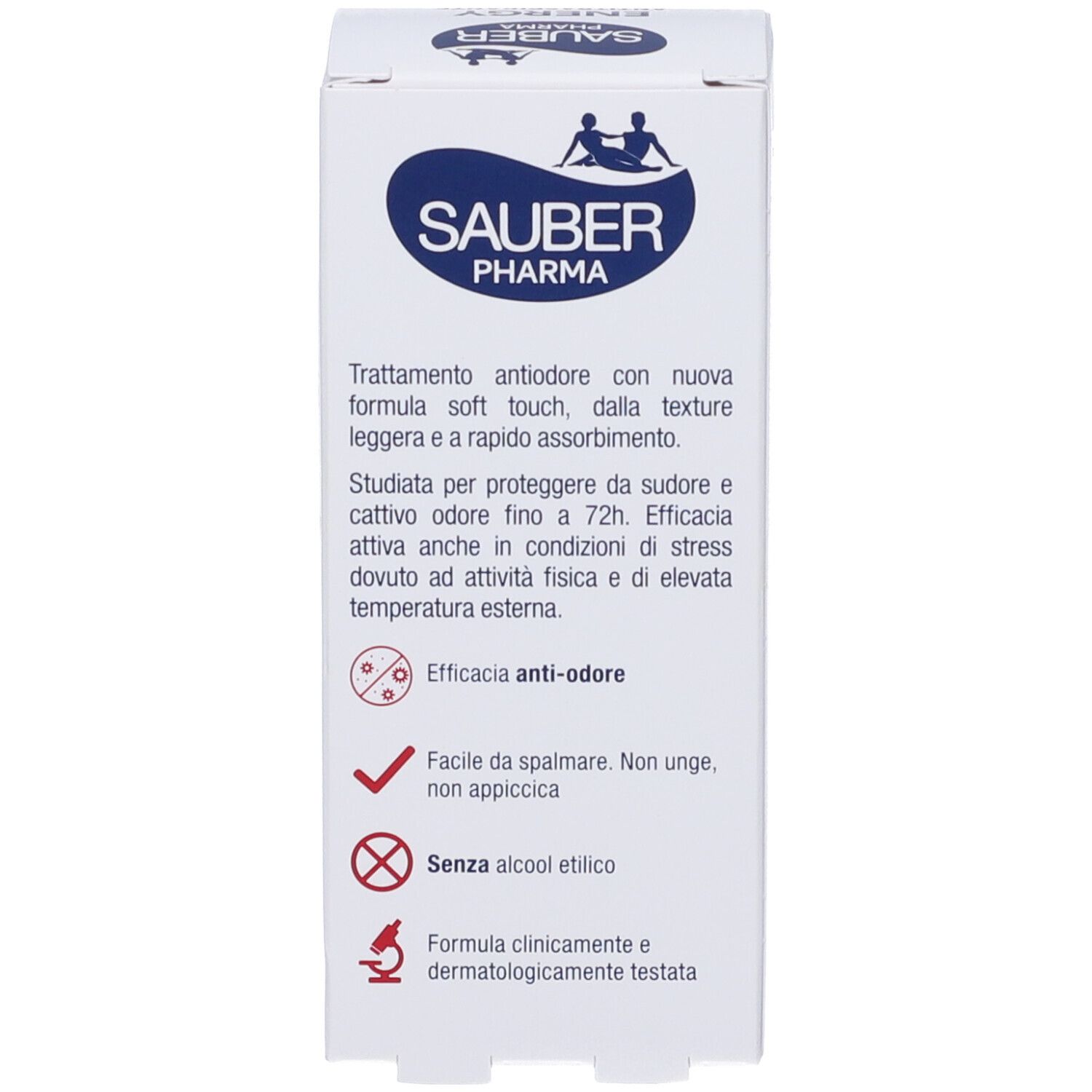 Confezione con testo e simboli. Sauber Pharma. Anti-odore, facile da applicare, senza alcol.