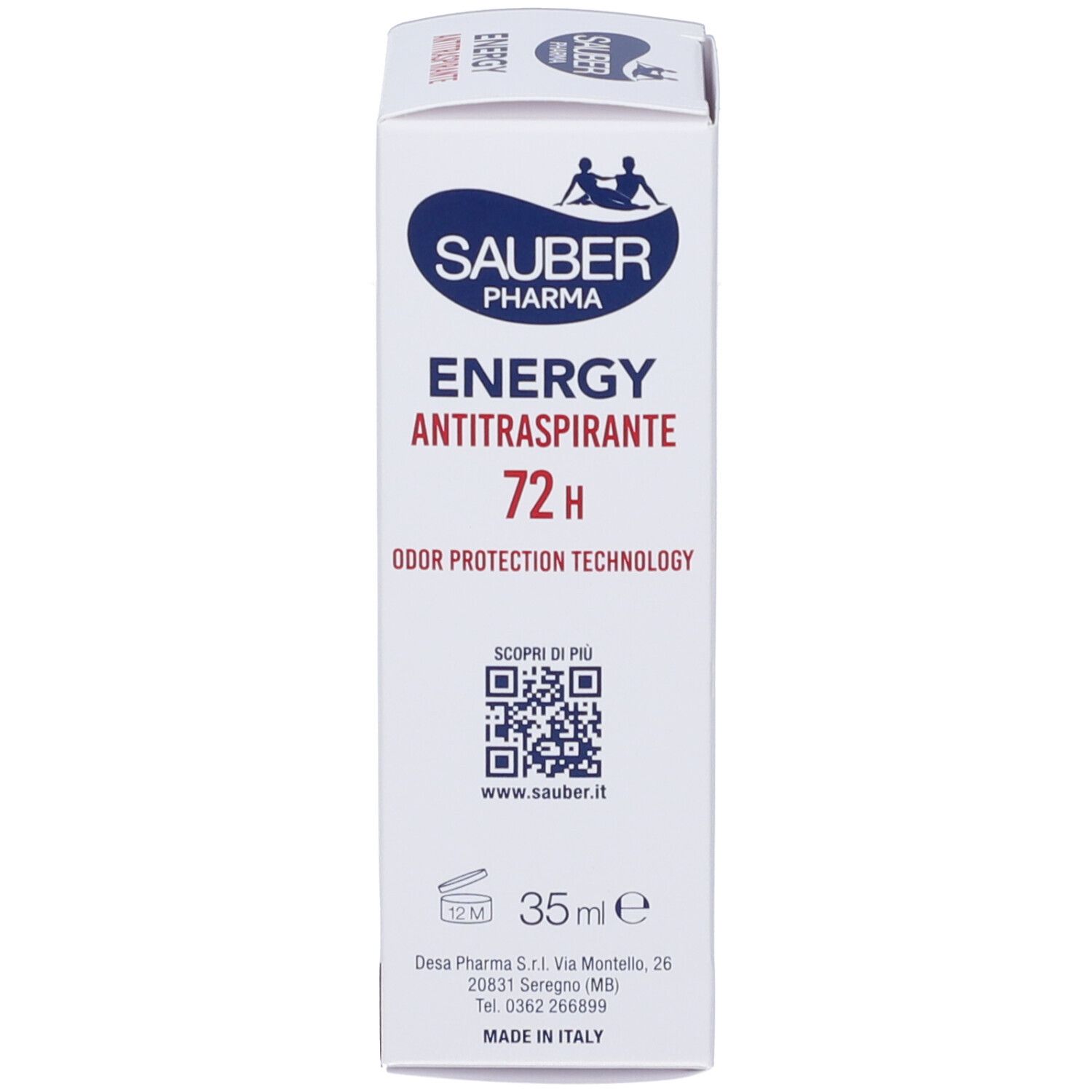 Confezione con testo e codice QR. Sauber Pharma Energy Antitraspirante. 35ml. Prodotto in Italia.