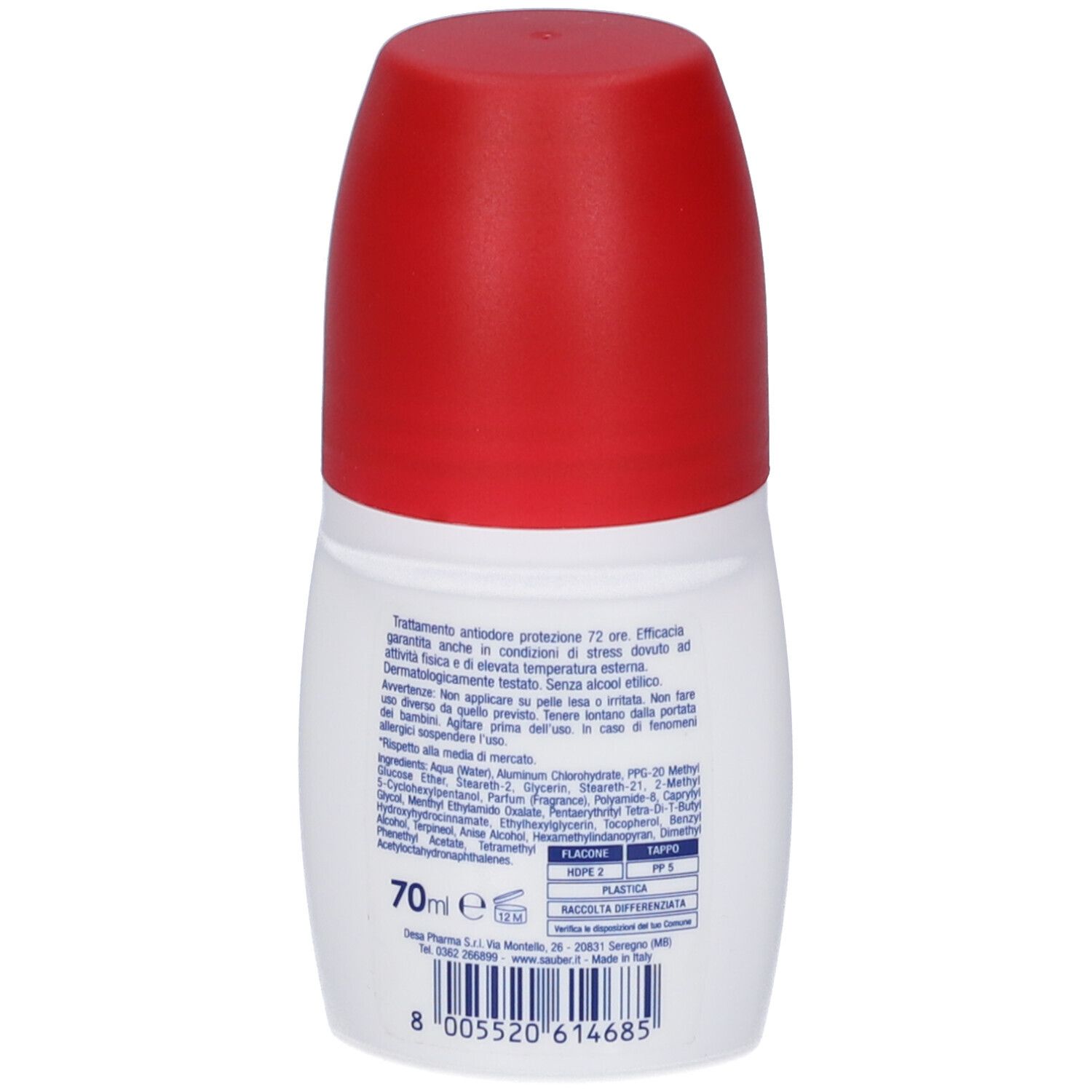 Flacone deodorante roll-on bianco con tappo rosso. 70ml. Contiene lista ingredienti e codice a barre.
