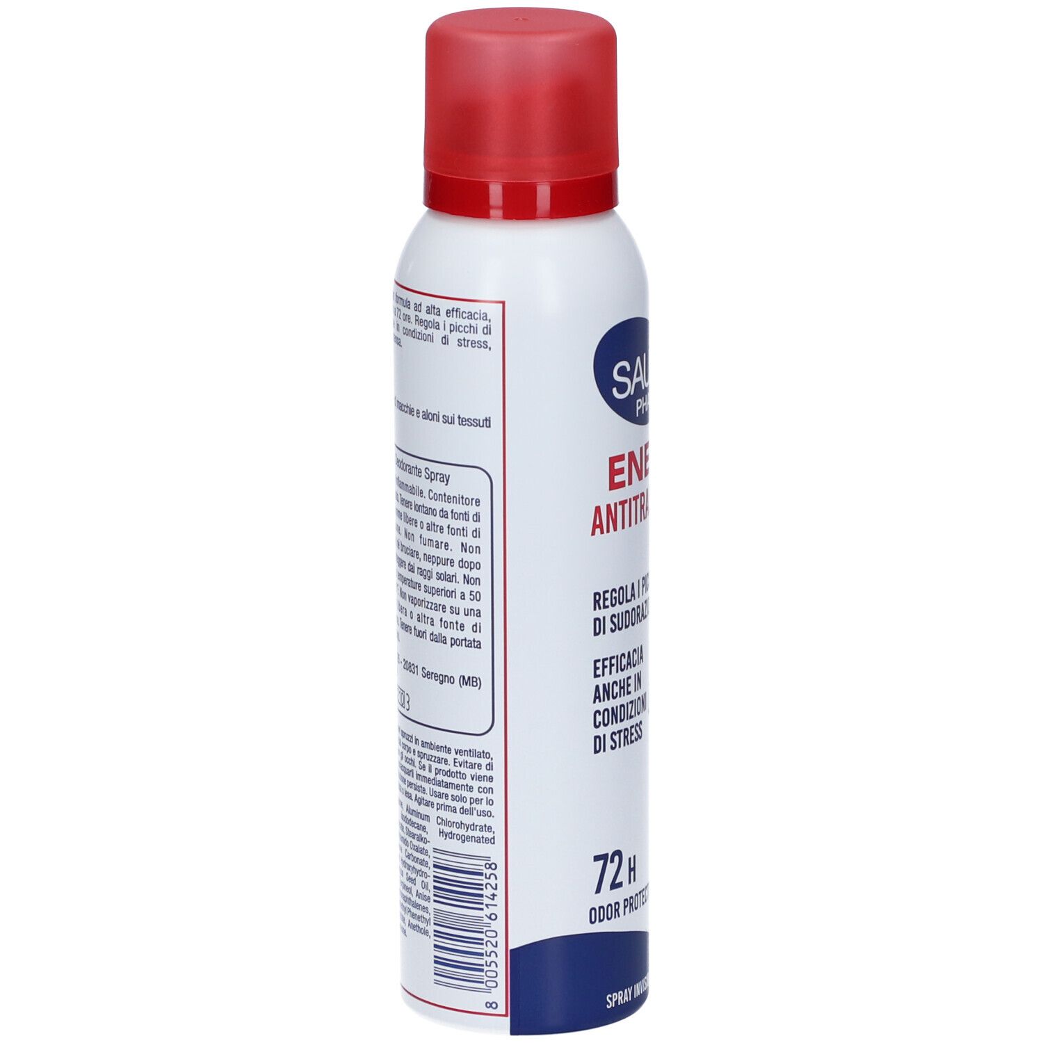 Bomboletta spray bianca con tappo rosso. Testo in italiano. Sauber Pharma Energy Antitraspirante. Informazioni e ingredienti.