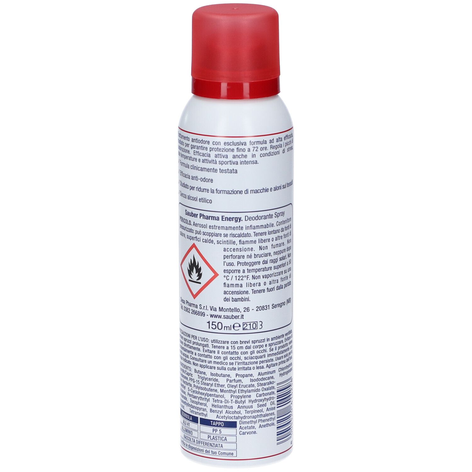 Bomboletta spray bianca con tappo rosso. Testo in italiano. Sauber Pharma Energy Antitraspirante. Avvertenza: Infiammabile.