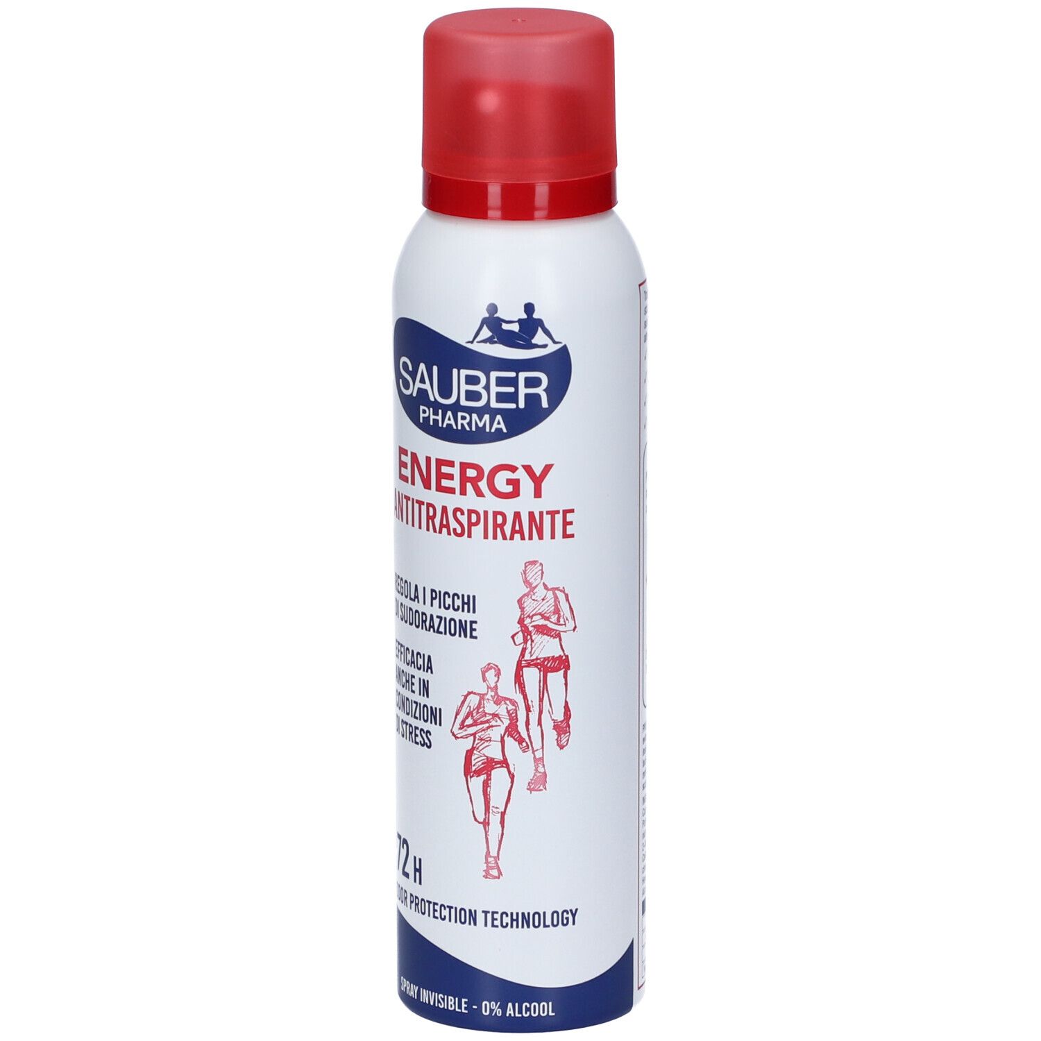 Bomboletta spray bianca e rossa. Sauber Pharma Energy Antitraspirante, 72h. Illustrazioni di corridori. Testo: Regola i picchi di sudorazione.