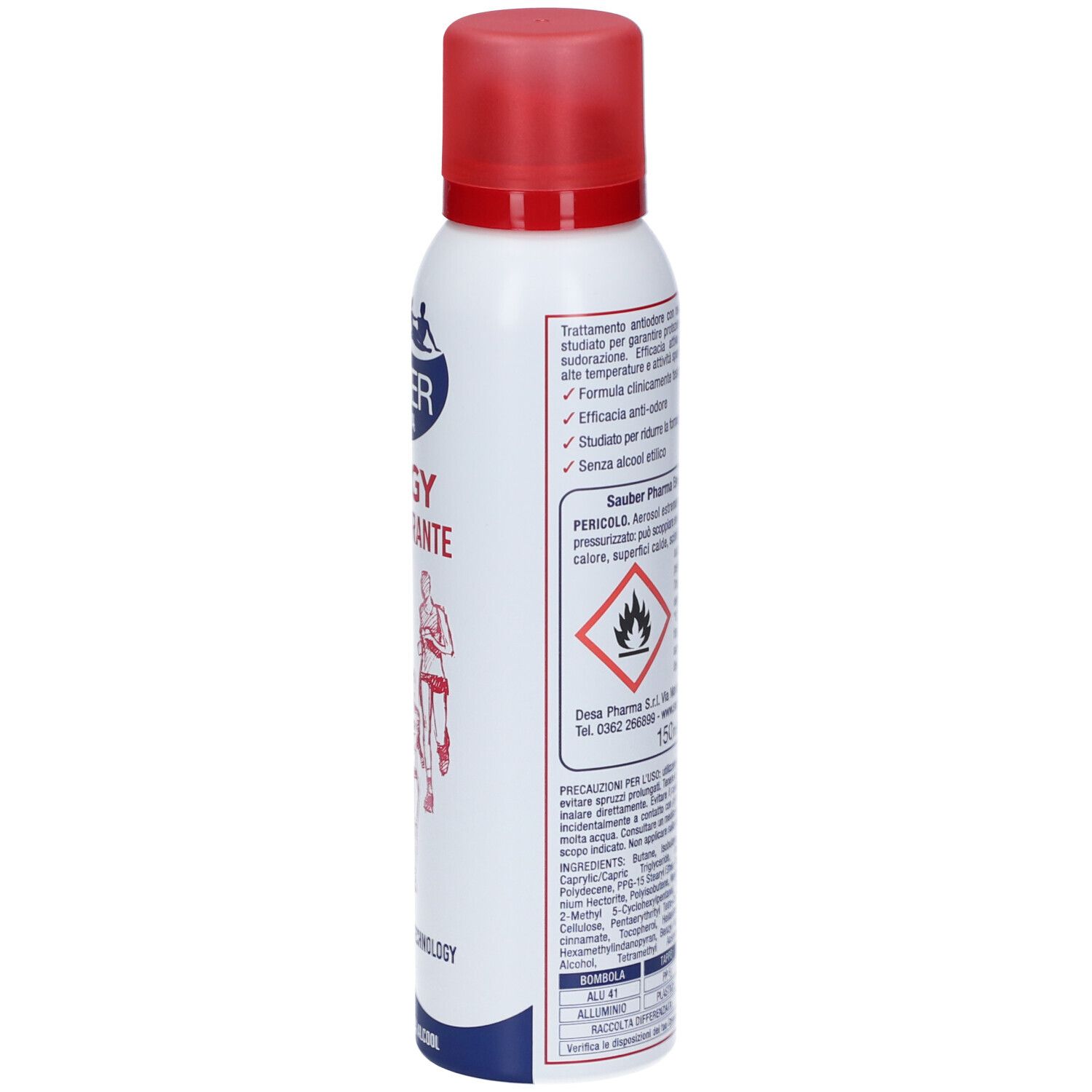 Bomboletta spray bianca con tappo rosso. Testo in italiano. Sauber Pharma Energy Antitraspirante. Avvertenza: Infiammabile.
