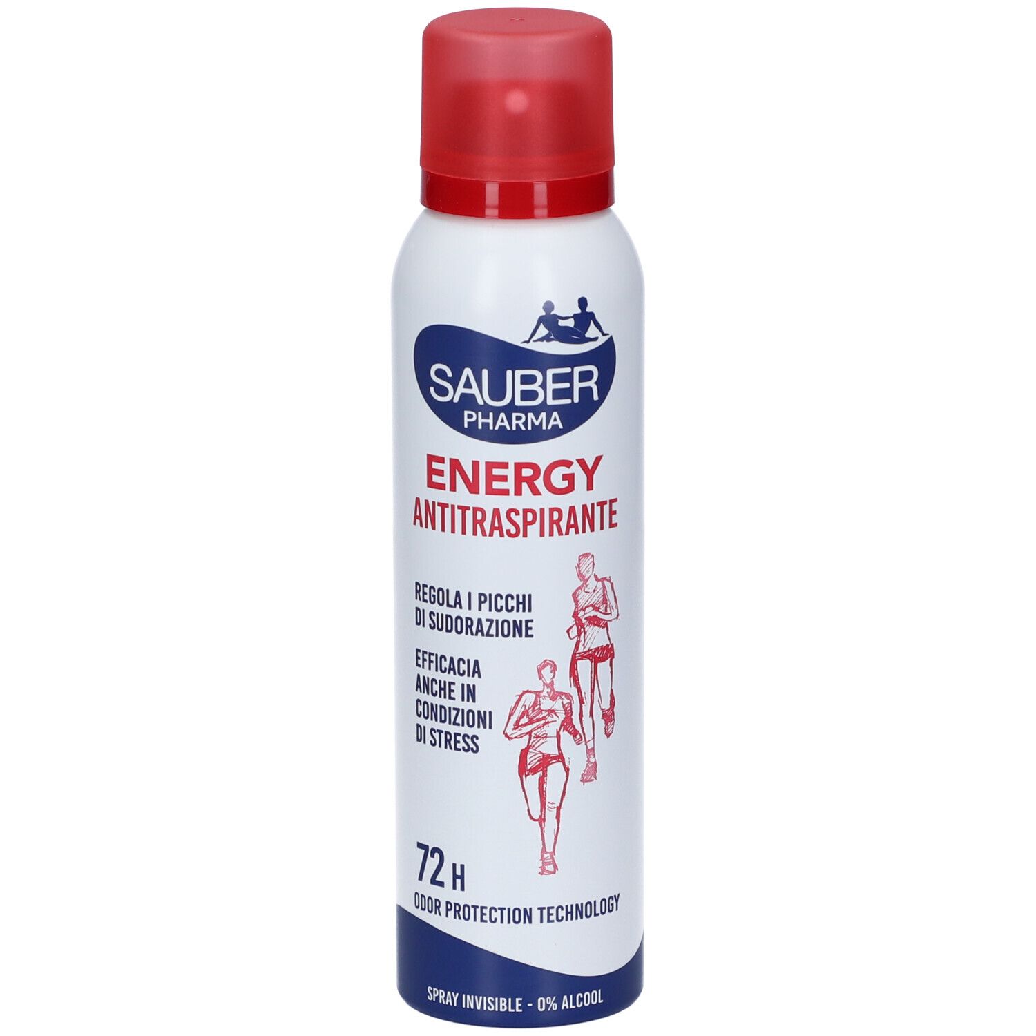 Bomboletta spray bianca e rossa. Sauber Pharma Energy Antitraspirante, 72h. Illustrazioni di corridori. Testo: Regola i picchi di sudorazione.