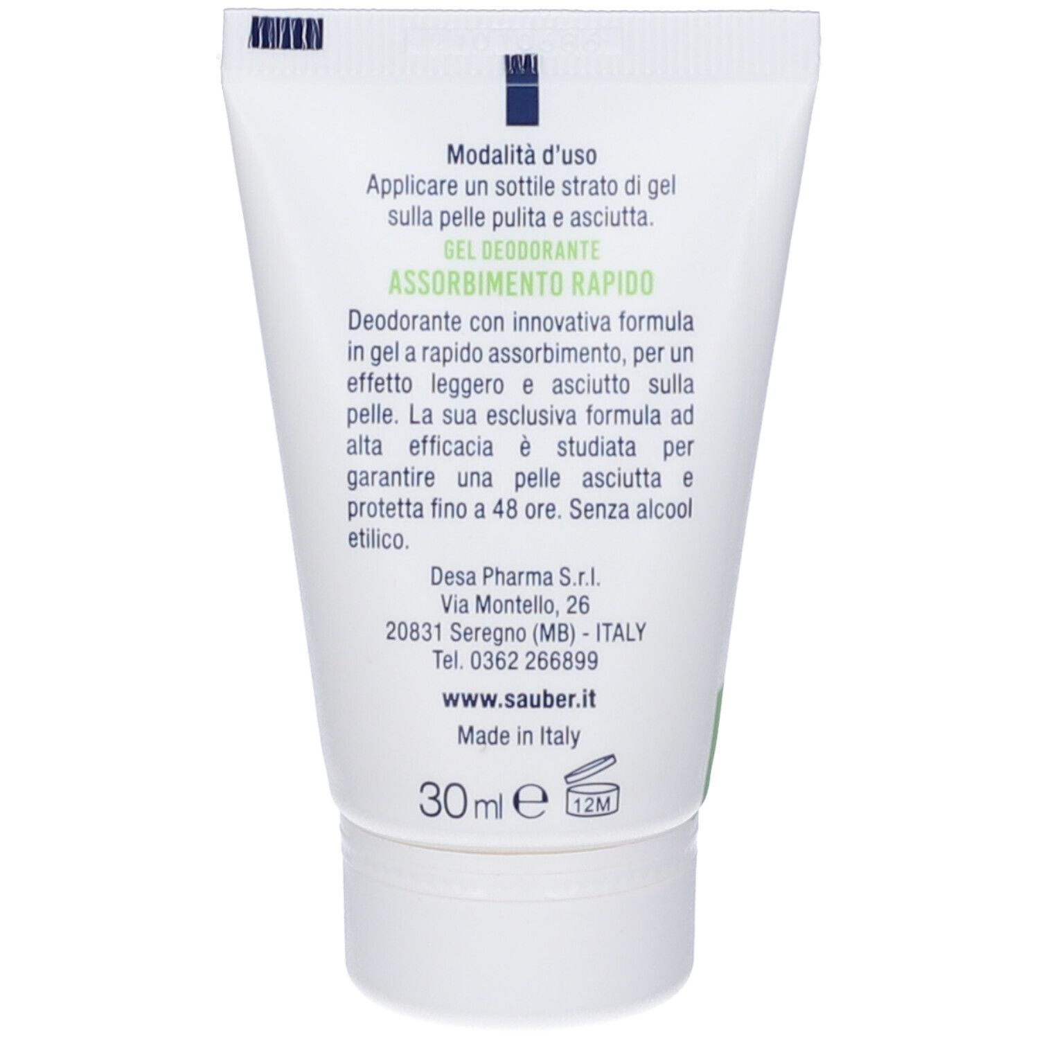 Retro del tubo. Testo: Gel Deodorante, 30ml, Made in Italy. Informazioni per l'uso e indirizzo del produttore.
