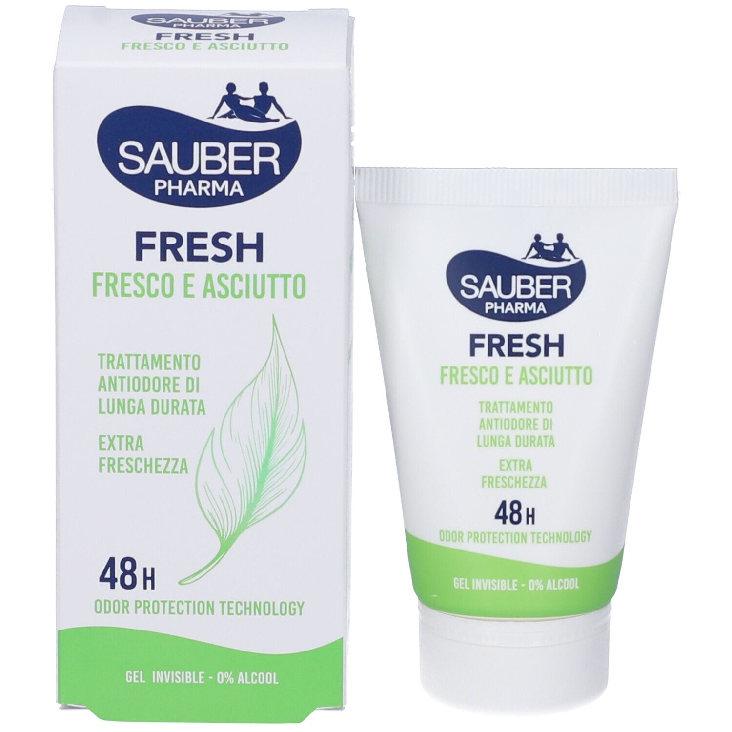 Confezione del prodotto: tubo e scatola. Entrambi mostrano il logo Sauber Pharma, il nome del prodotto e 48H. Illustrazione di foglia verde.