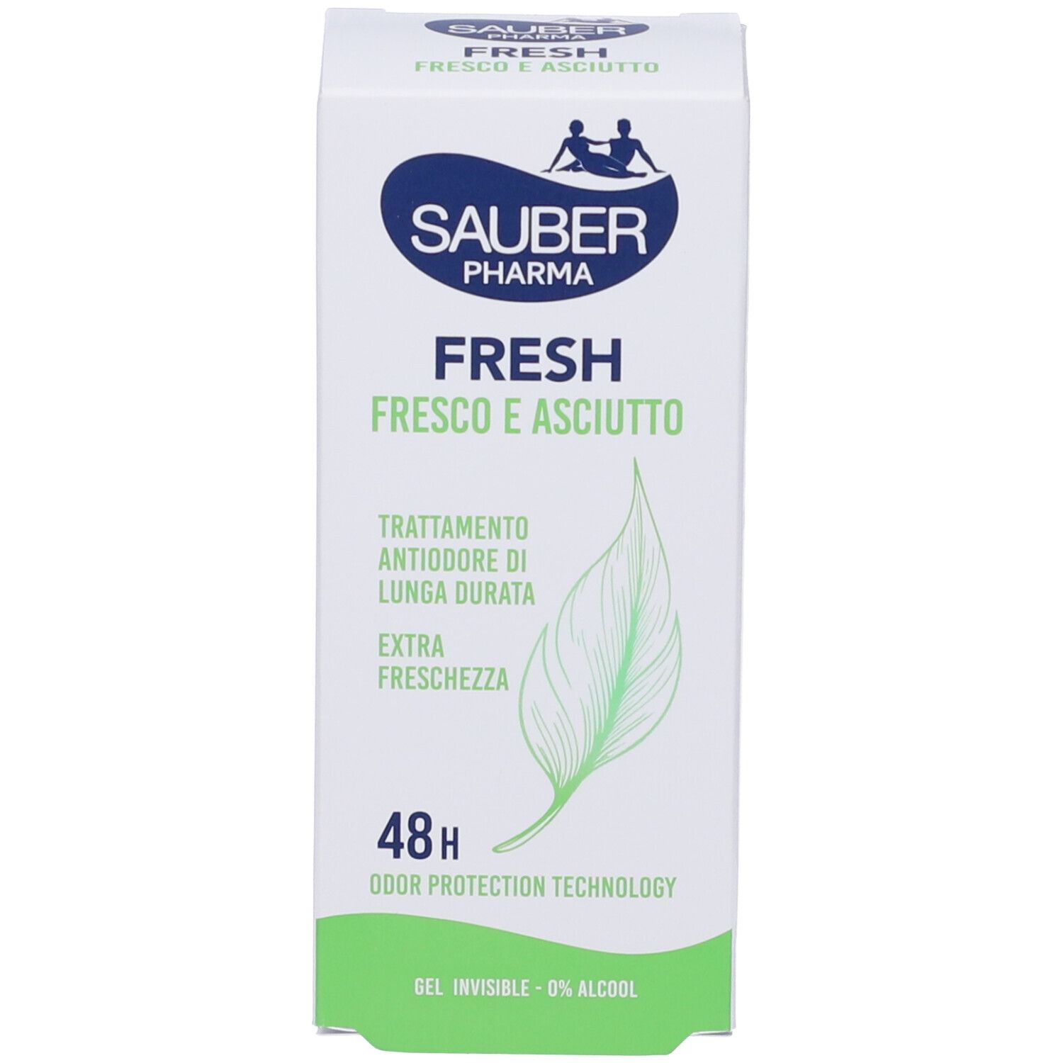 Scatola bianca con logo Sauber Pharma e nome del prodotto. Testo: Fresh, Fresco e Asciutto, 48H. Illustrazione di foglia verde.