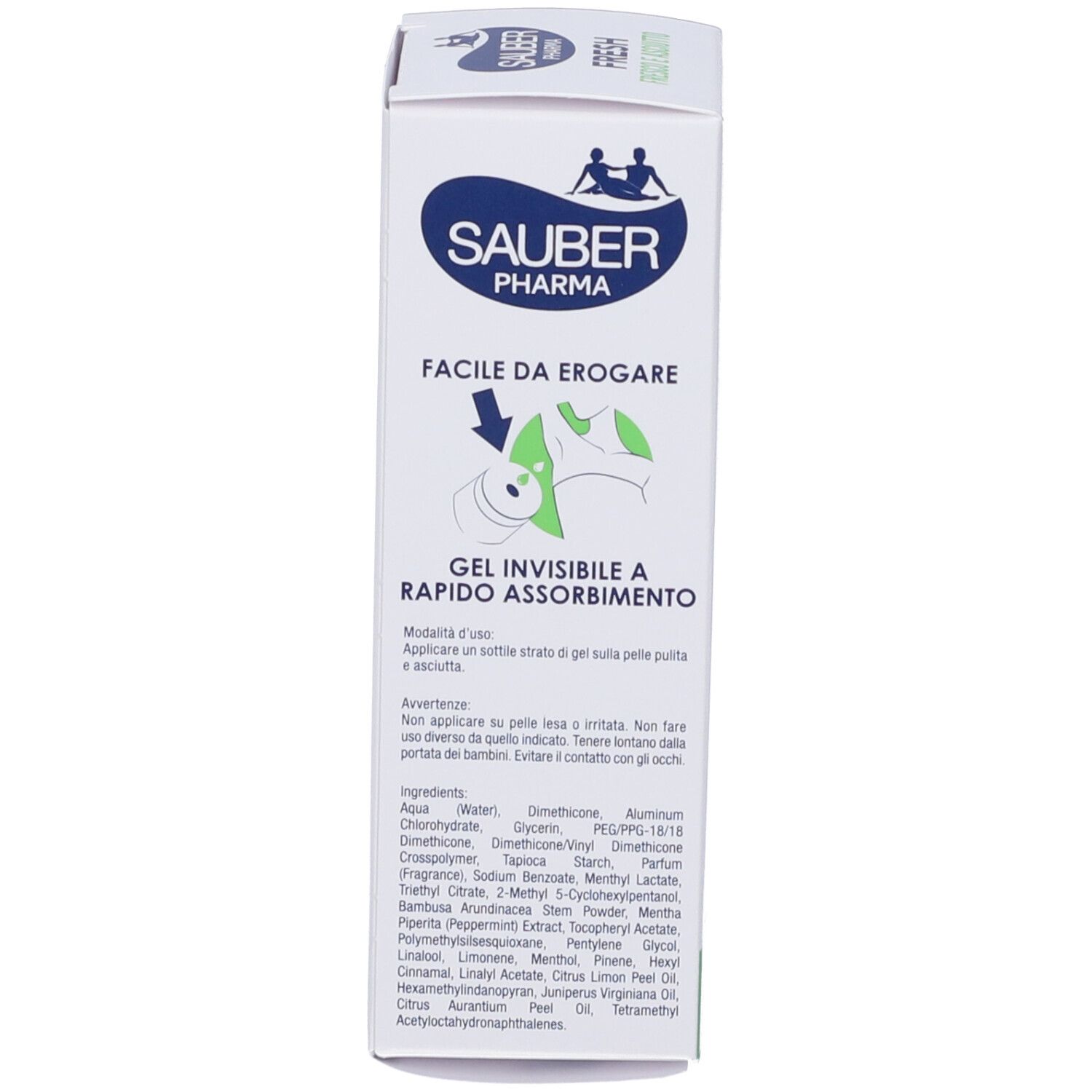 Lato della scatola con logo Sauber Pharma. Testo: Gel, Assorbimento rapido. Ingredienti e istruzioni per l'uso.