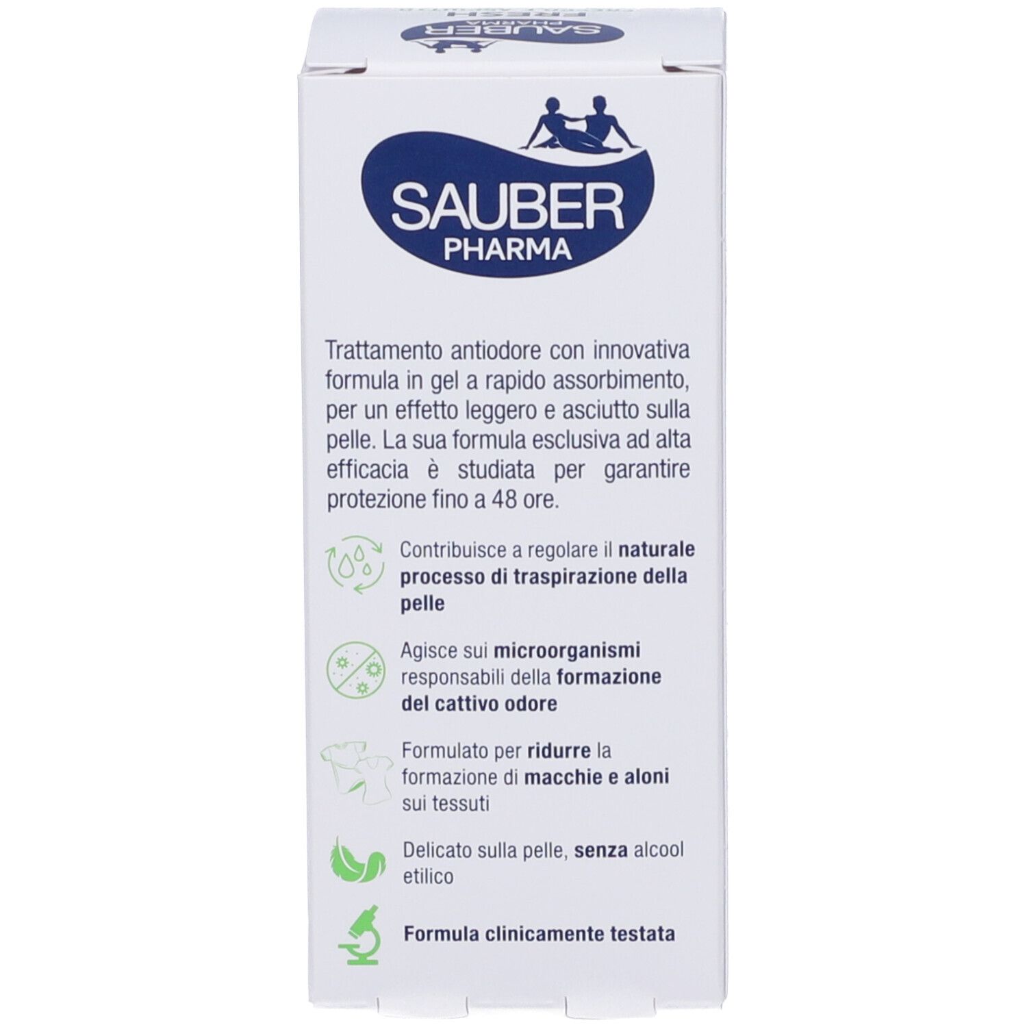 Lato della scatola con informazioni sul prodotto. Testo: Trattamento anti-odore, clinicamente testato. Illustrazioni e vantaggi.
