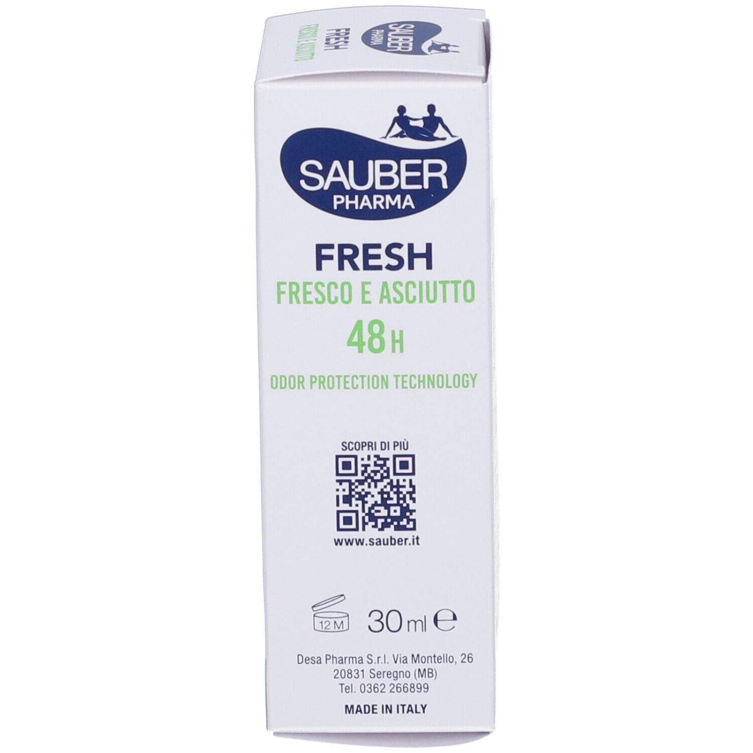 Lato della scatola con logo Sauber Pharma e nome del prodotto. Testo: Fresh, Fresco e Asciutto, 48H. Codice QR e indirizzo.