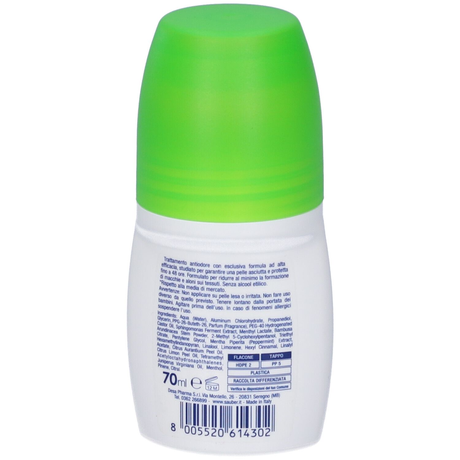 Retro del roll-on deodorante. Testo in italiano. 70ml. Codice a barre. Informazioni sugli ingredienti e il produttore.