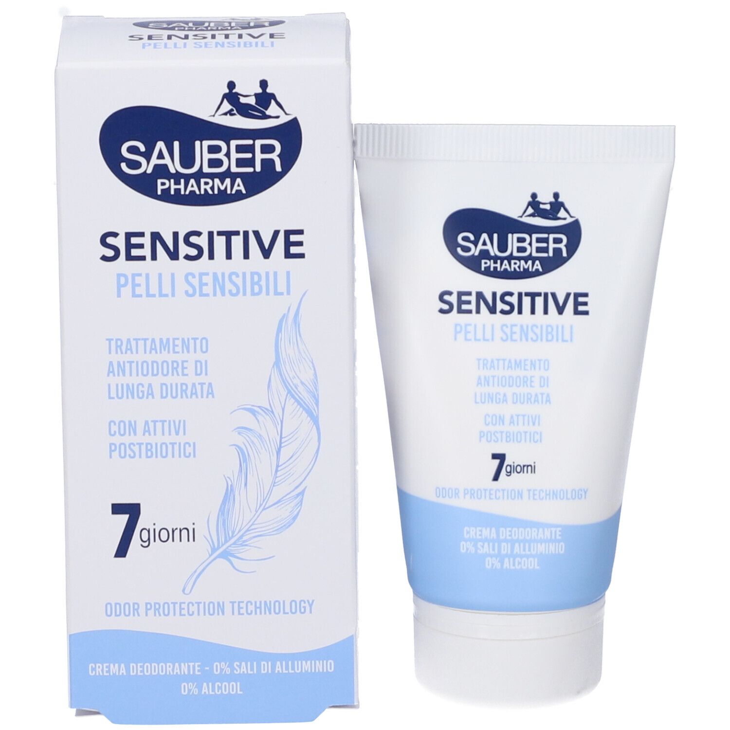 Confezione e tubo. SAUBER PHARMA, SENSITIVE, 7 giorni. Piuma blu sulla confezione. Tubo di crema accanto.