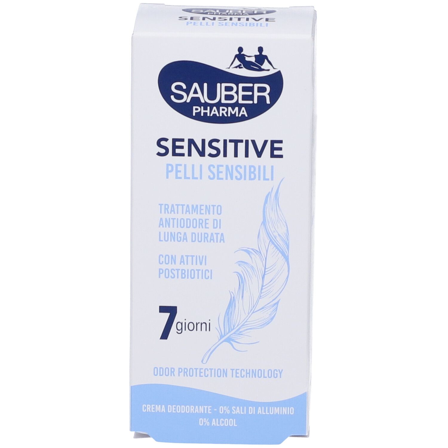 Confezione del prodotto. SAUBER PHARMA, SENSITIVE, 7 giorni. Piuma blu. Testo: crema deodorante - 0% sali di alluminio.