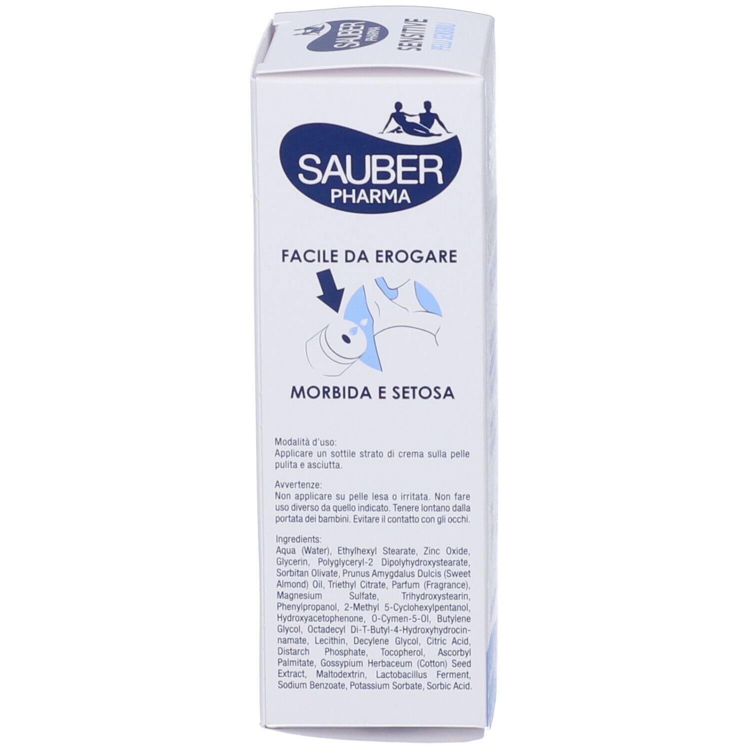 Confezione del prodotto. SAUBER PHARMA. Testo: Facile da erogare, Morbida e setosa. Ingredienti e istruzioni per l'uso.