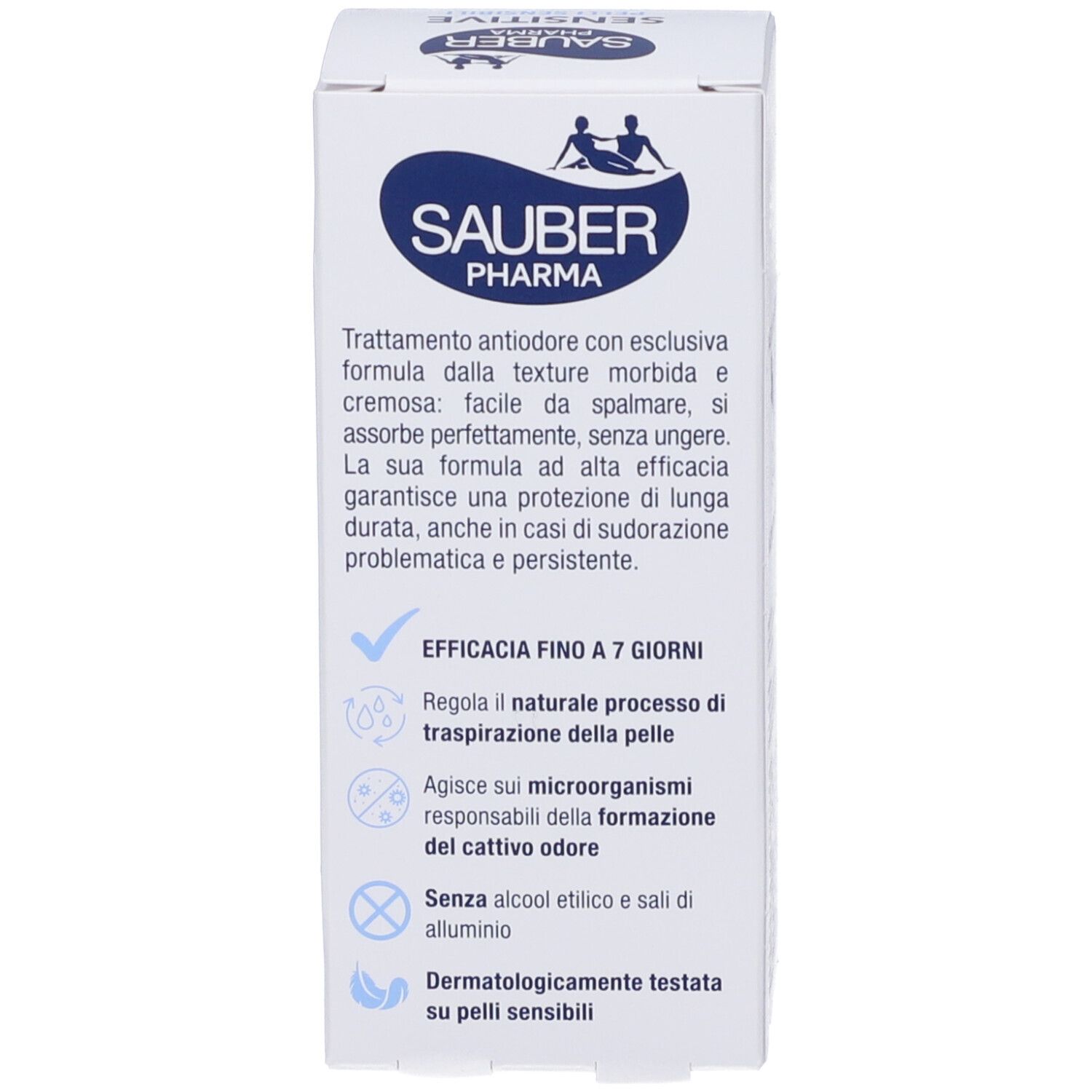 Confezione del prodotto. SAUBER PHARMA. Testo: Efficacia fino a 7 giorni. Regola la traspirazione naturale. Senza alcool.