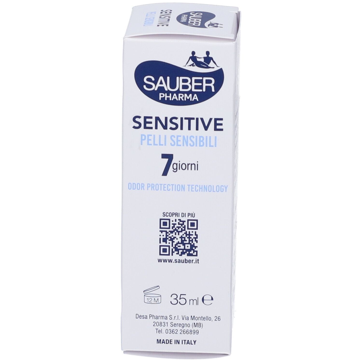 Confezione del prodotto. SAUBER PHARMA, SENSITIVE, 7 giorni. Codice QR e informazioni di contatto. 35 ml.