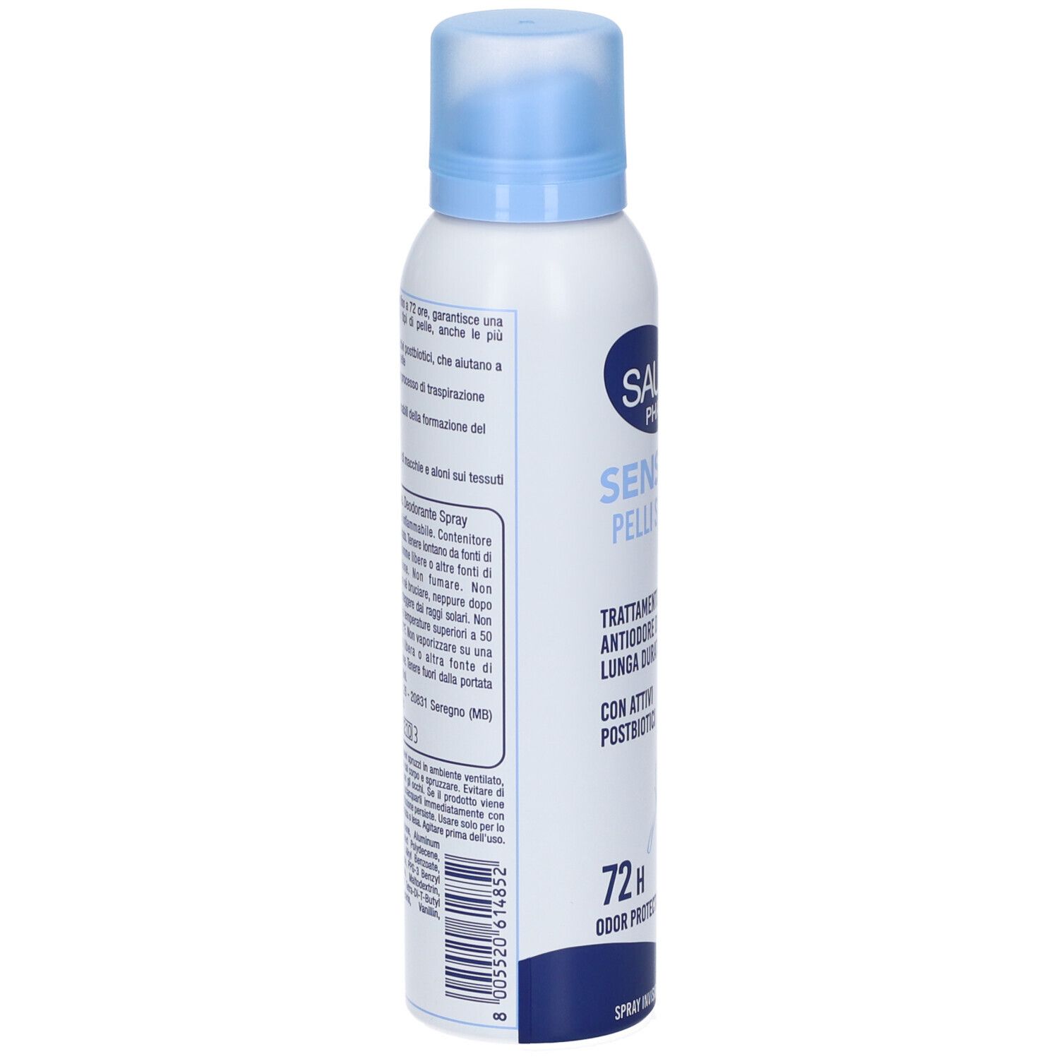 Bomboletta spray bianca con tappo blu, Sensitiv Pelle, Protezione Odor Control 72h.