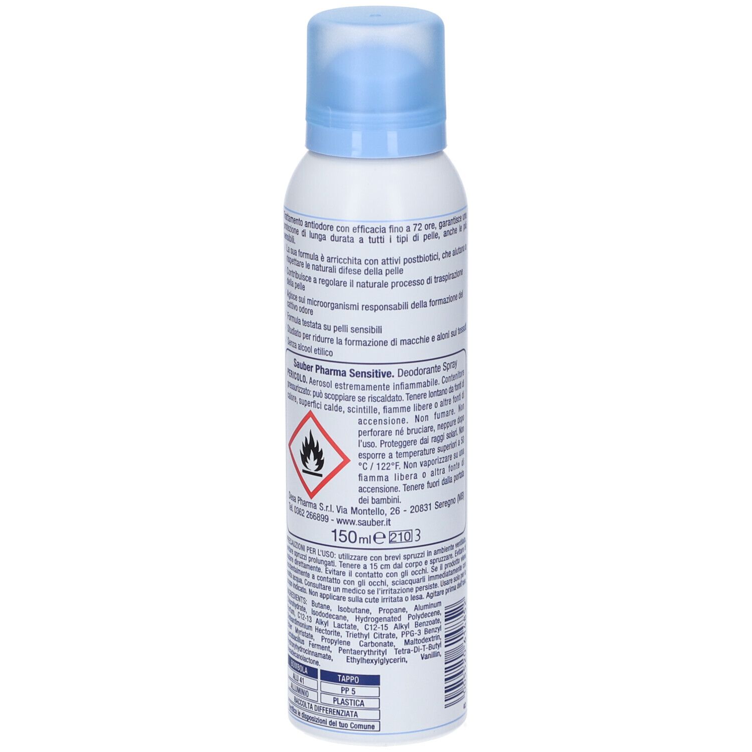 Bomboletta spray bianca con tappo blu, 150ml. Contiene simboli di avvertenza per infiammabilità.