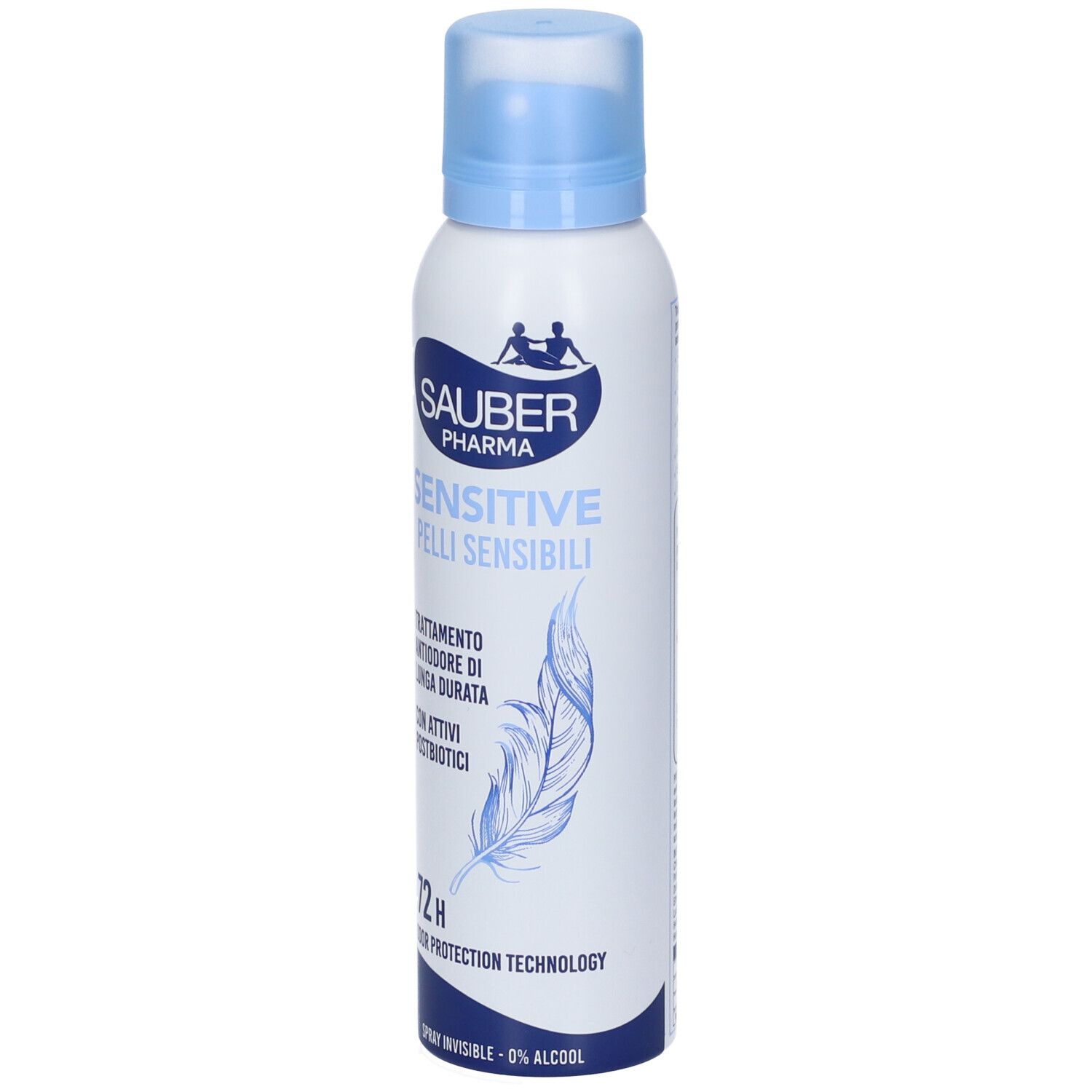 Deodorante spray Sauber Pharma Sensitive per pelli sensibili. Flacone bianco con tappo blu. Mostra una piuma e protezione 72h.