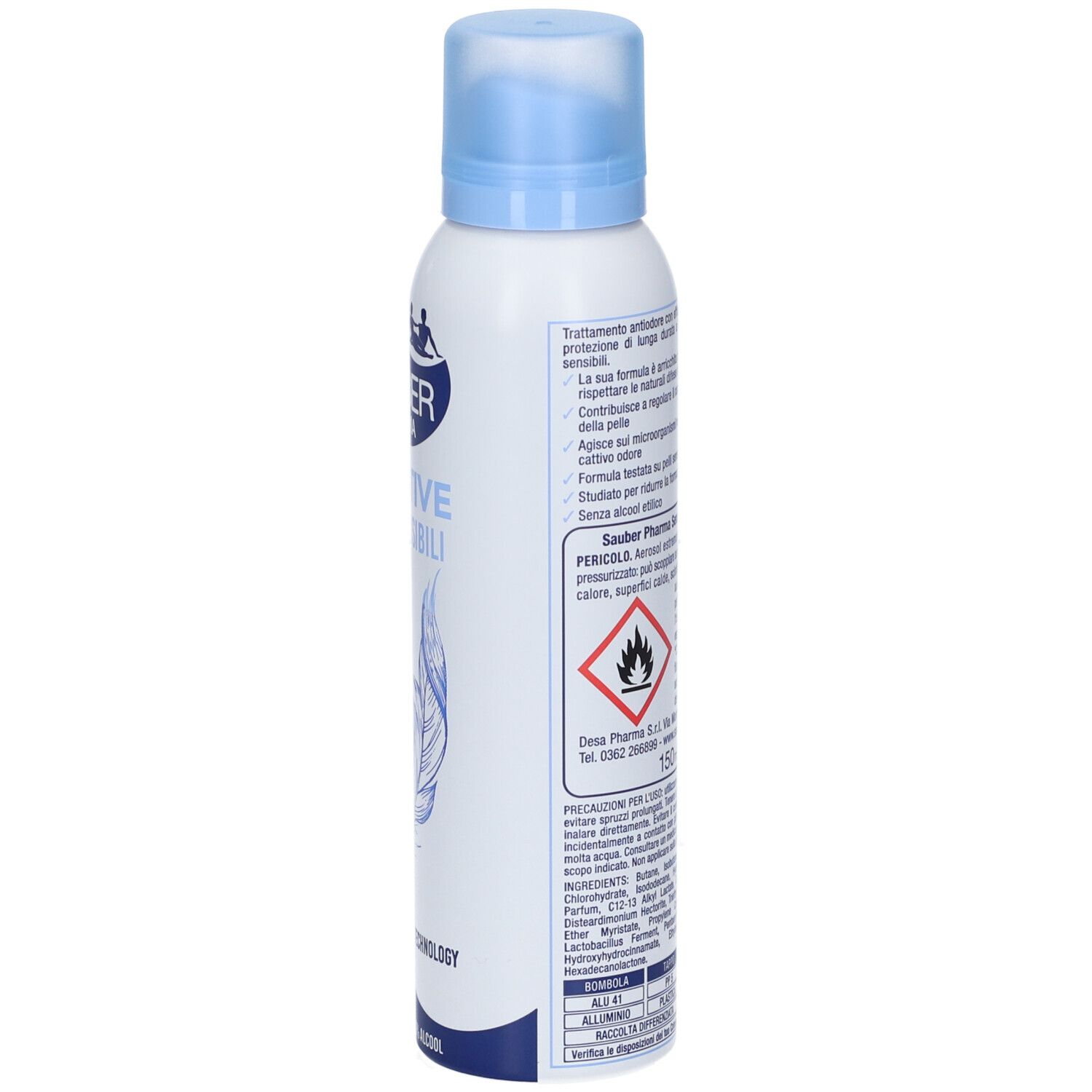 Bomboletta spray bianca con tappo azzurro. Etichettatura in italiano e inglese.