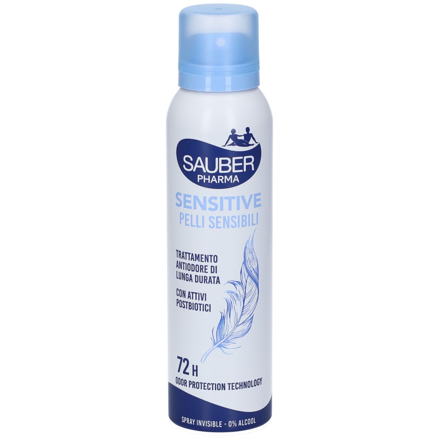 Spray deodorante Sauber Pharma Sensitive per pelli sensibili, protezione 72h, 0% alcol.