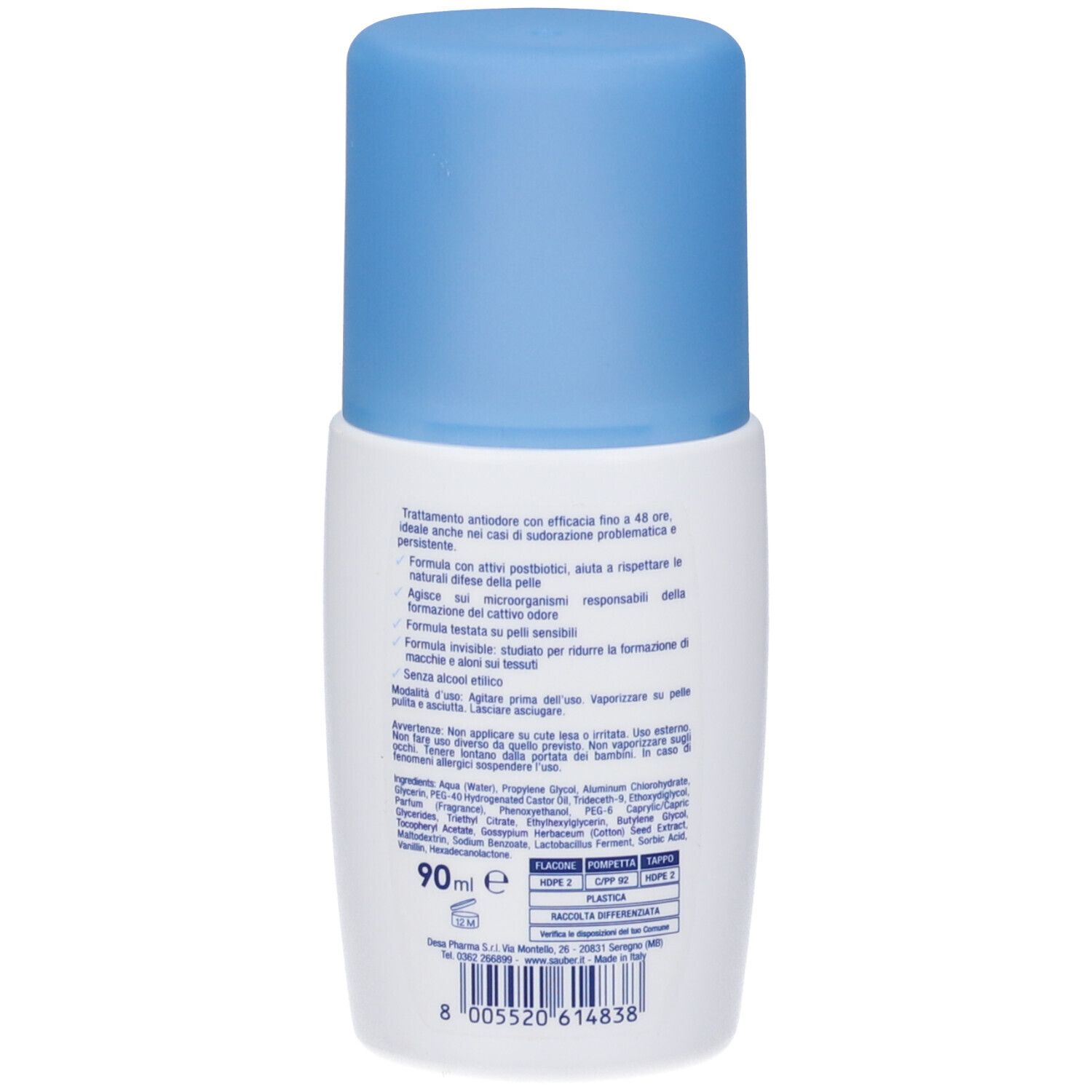 Retro del deo roll-on. Etichetta bianca con testo. Contiene informazioni sugli ingredienti e il produttore.