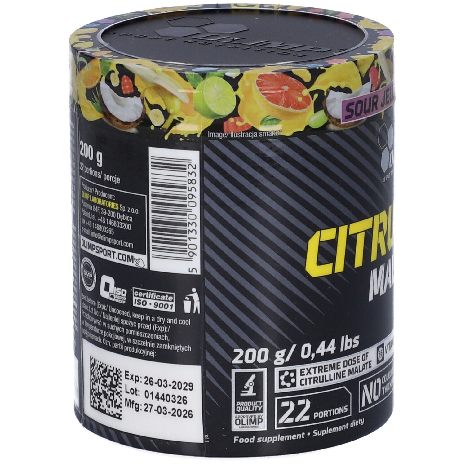 Retro della lattina Olimp Citrulline Malate 200g con codice a barre e informazioni sul prodotto.