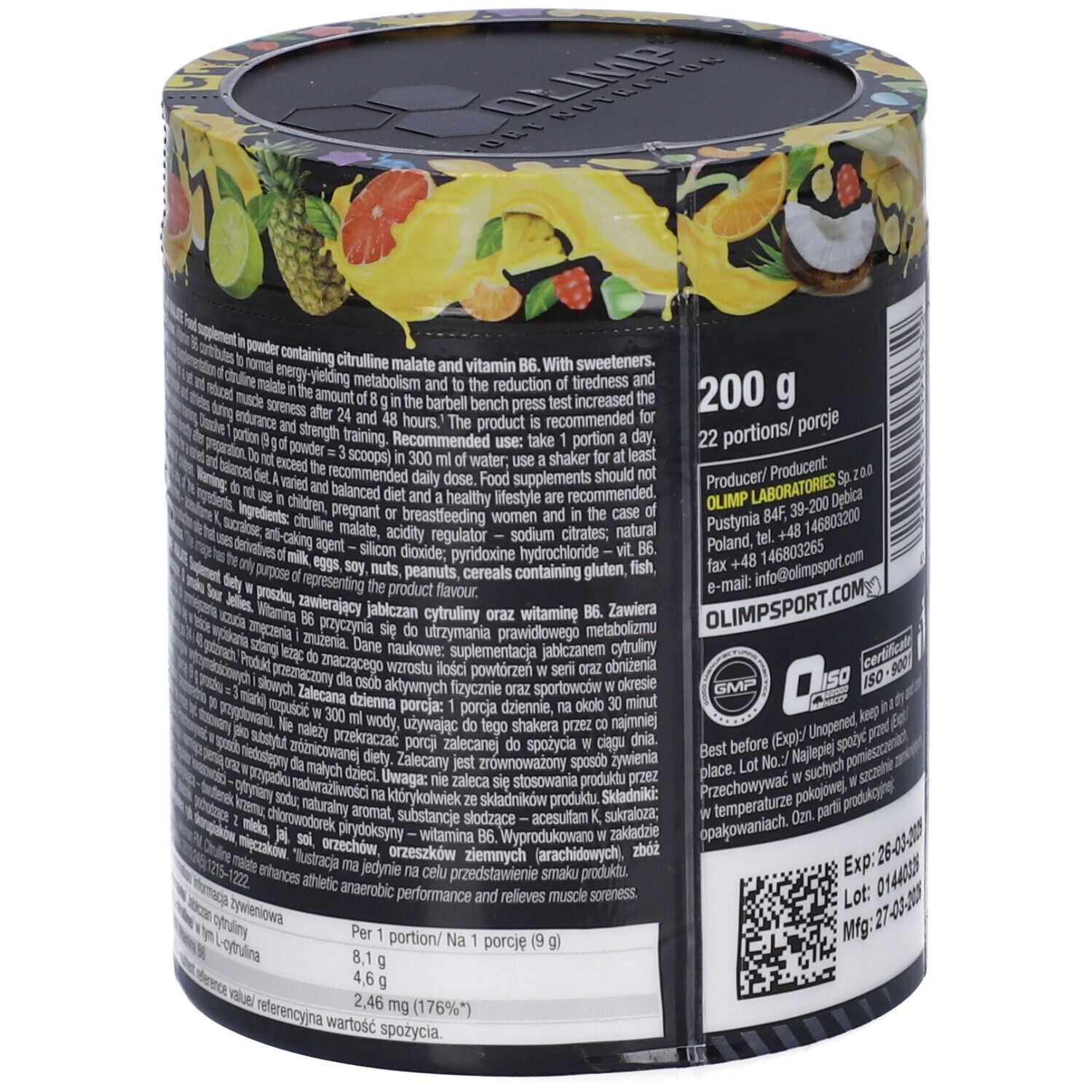 Lato del barattolo Olimp Citrulline Malate 200g con istruzioni dettagliate per l'uso e informazioni nutrizionali.