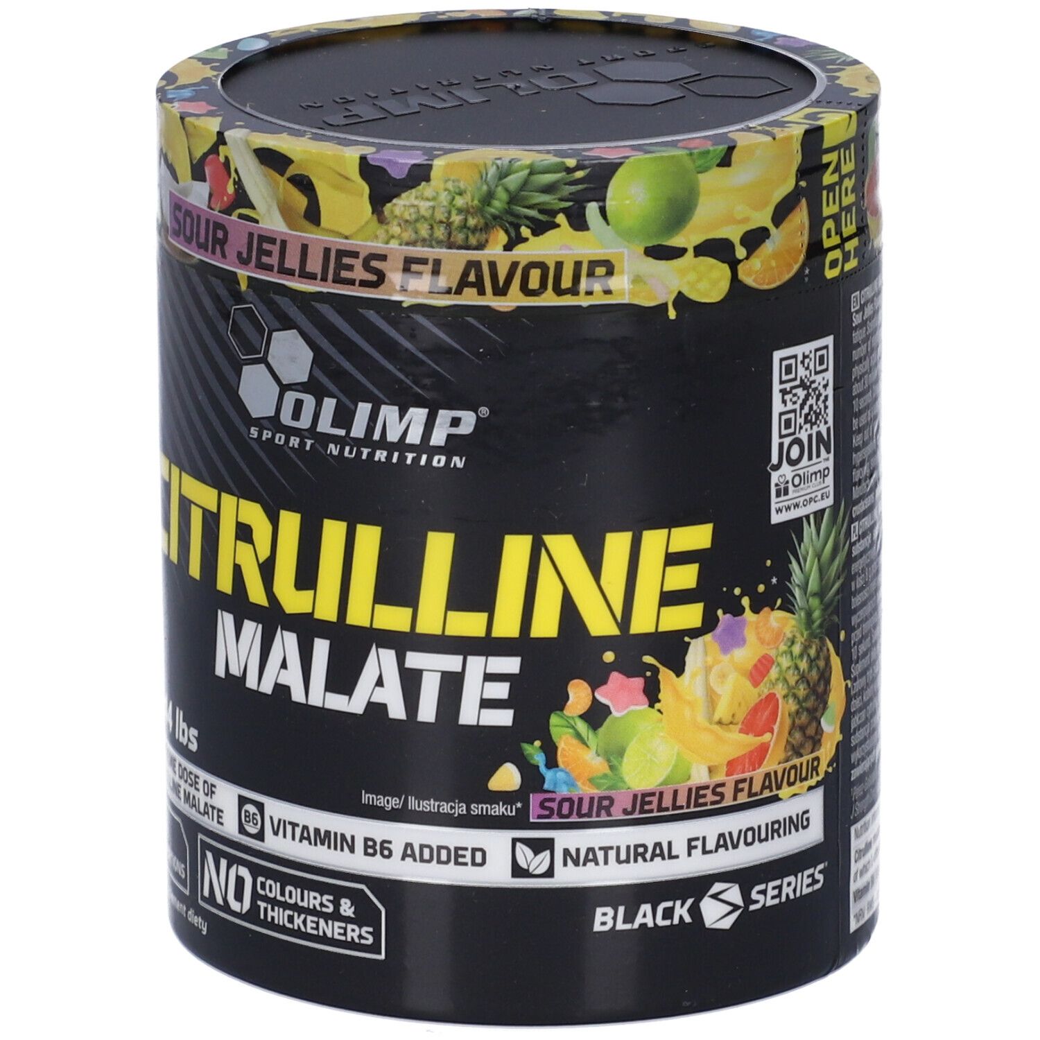 Olimp Citrulline Malate Sour Jellies Flavour, barattolo da 200g con illustrazioni di frutta e caratteristiche del prodotto.