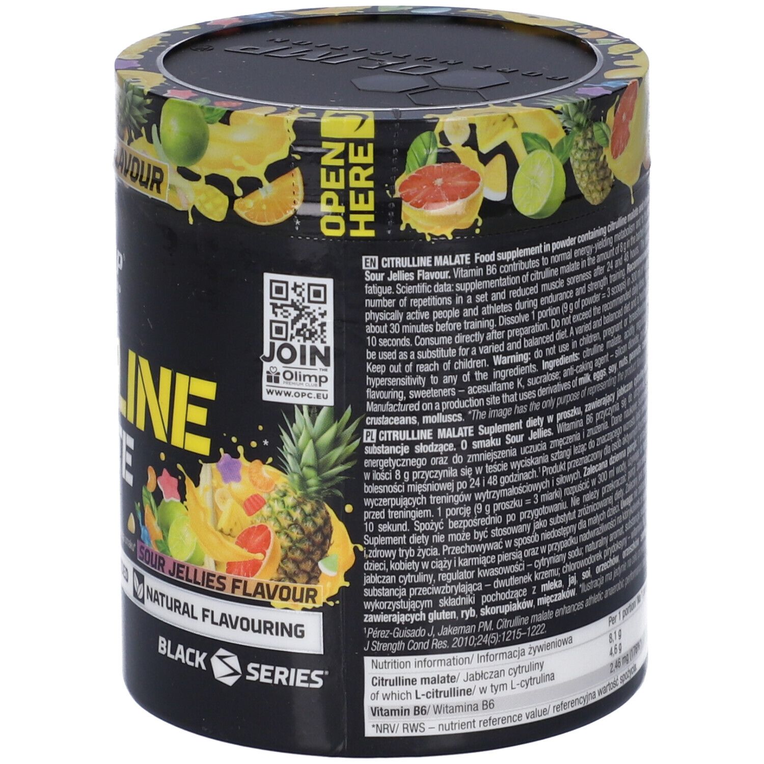 Fronte del barattolo Olimp Citrulline Malate 200g con QR code e indicazioni d'uso.