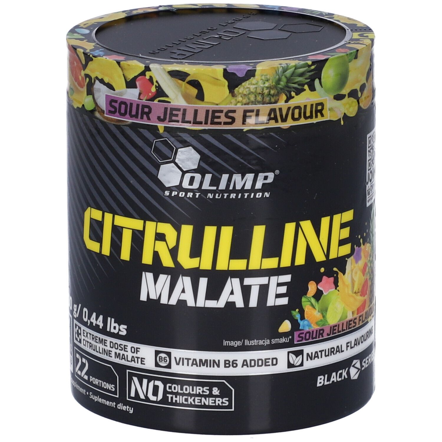 Olimp Citrulline Malate Sour Jellies Flavour, barattolo da 200g con illustrazioni di frutta, Vitamina B6 e "No Colours & Thickeners".