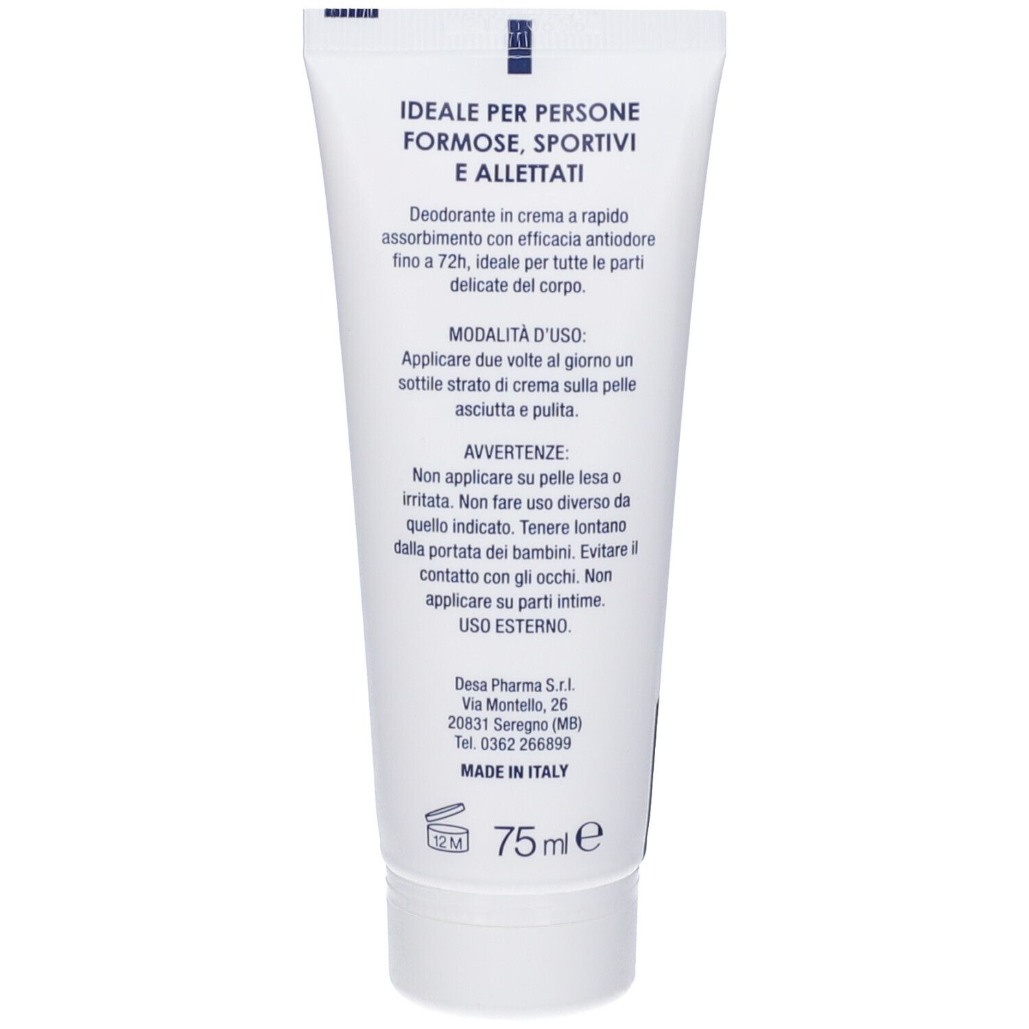 Tubo bianco con scritte blu, 75 ml, Made in Italy.