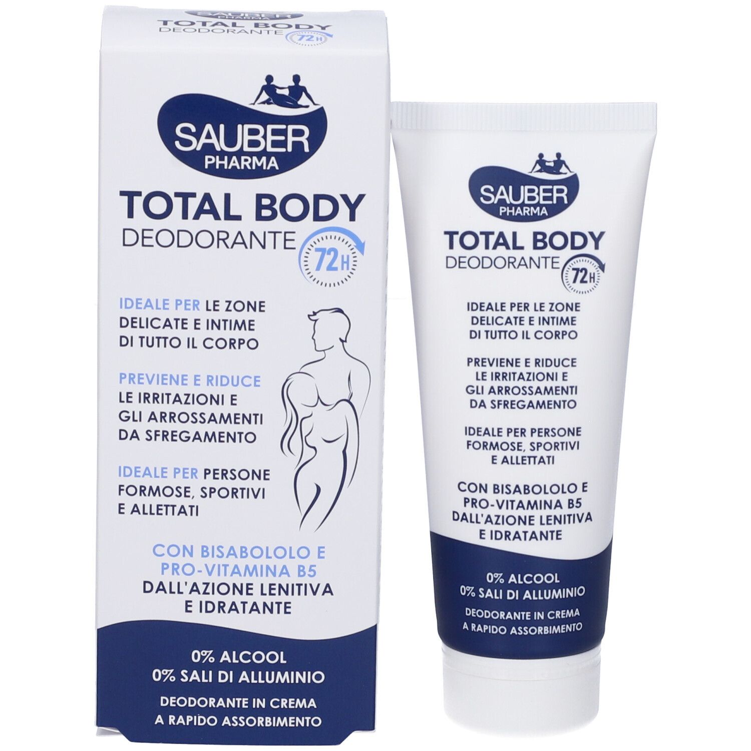 Crema deodorante Sauber Pharma Total Body in tubo bianco e scatola pieghevole, protezione 72h, 0% alcol.