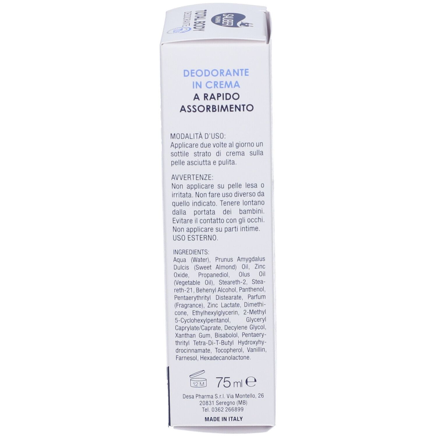 Confezione di deodorante in crema a rapido assorbimento, 75 ml.