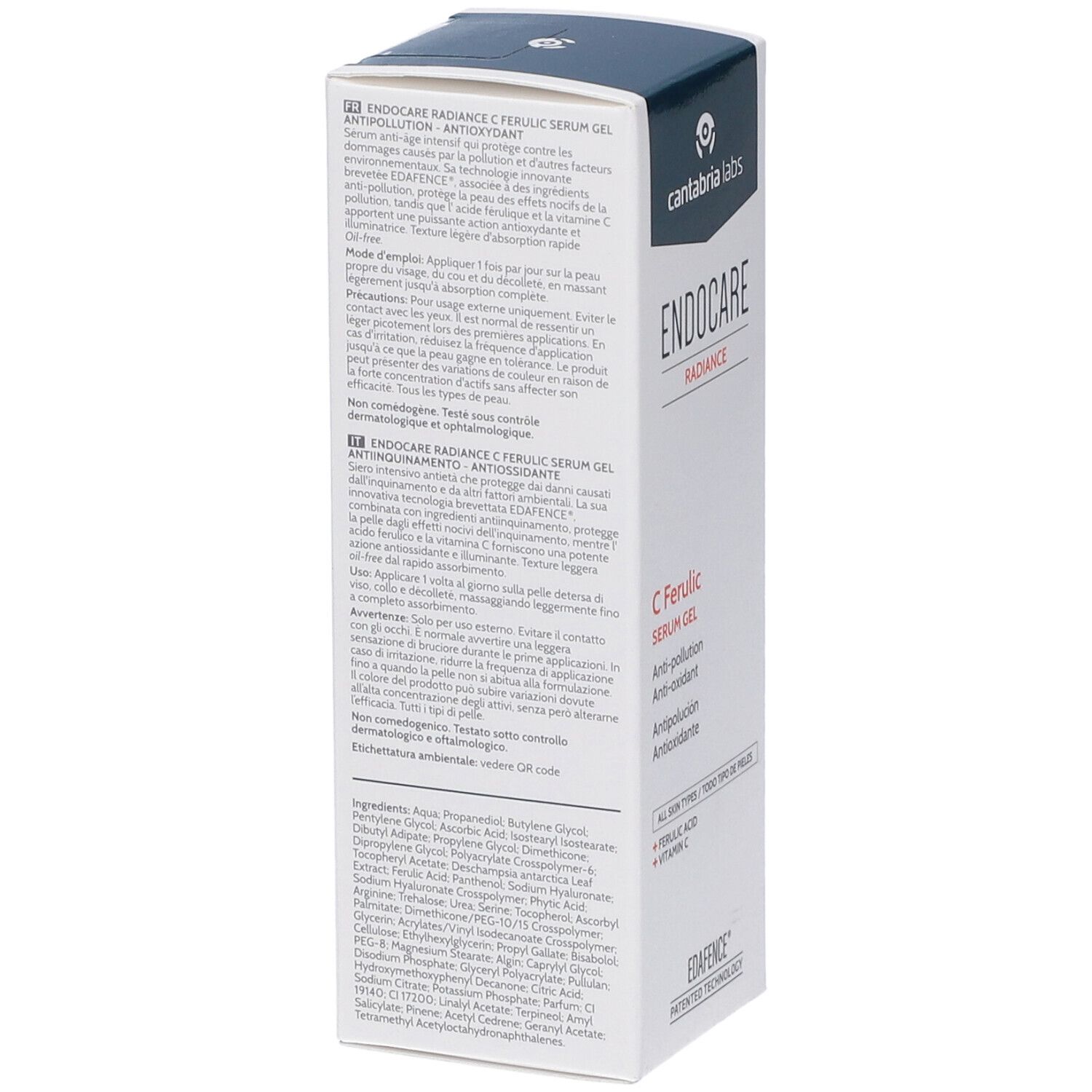 Retro della confezione di ENDOCARE RADIANCE C FERUL SERUM GEL. Testo multilingue. Ingredienti e loghi visibili.