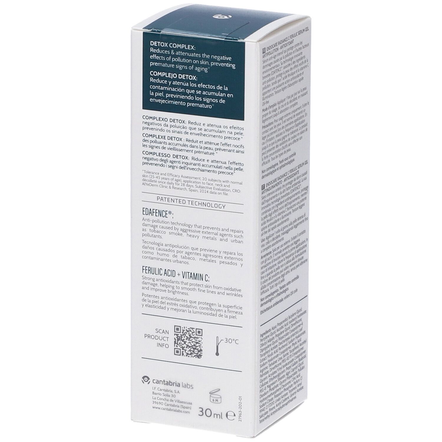 Confezione di ENDOCARE RADIANCE C FERUL SERUM GEL. Sezioni di testo su ingredienti e tecnologia. Indicazione 30ml.