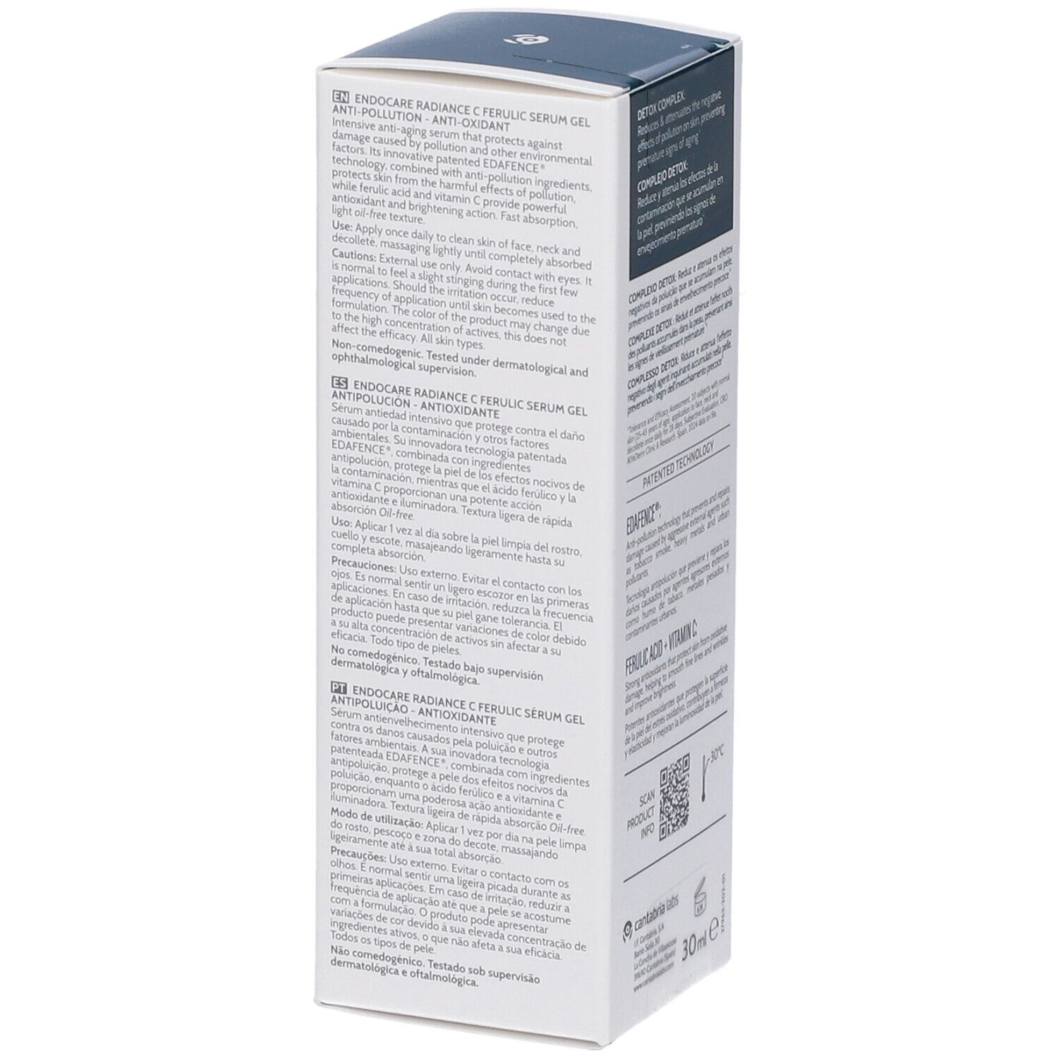 Confezione di ENDOCARE RADIANCE C FERUL SERUM GEL. Sezioni di testo su utilizzo e ingredienti. Indicazione 30ml.