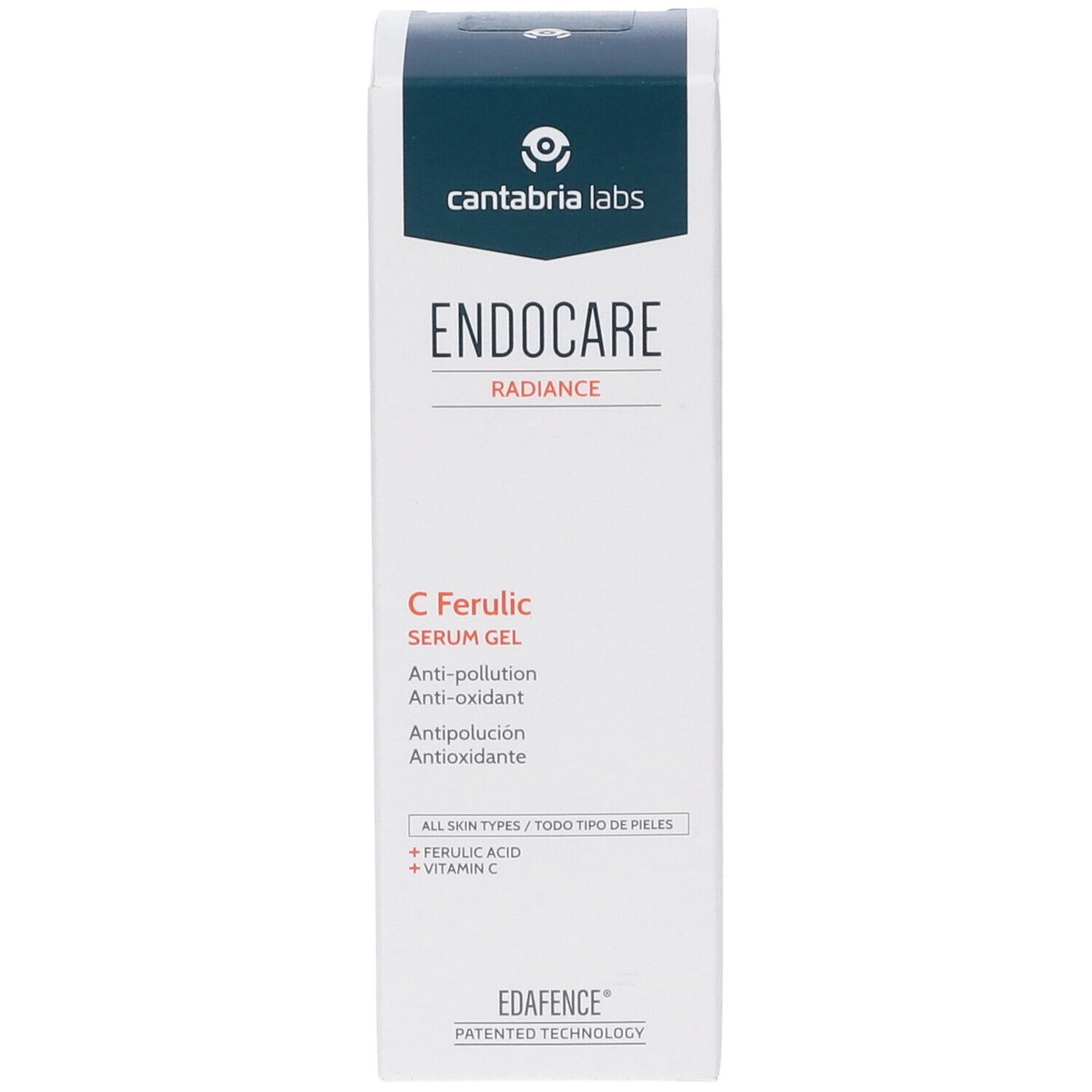 Fronte della confezione di ENDOCARE RADIANCE C FERUL SERUM GEL. Scatola bianca con coperchio blu. Nome e loghi.
