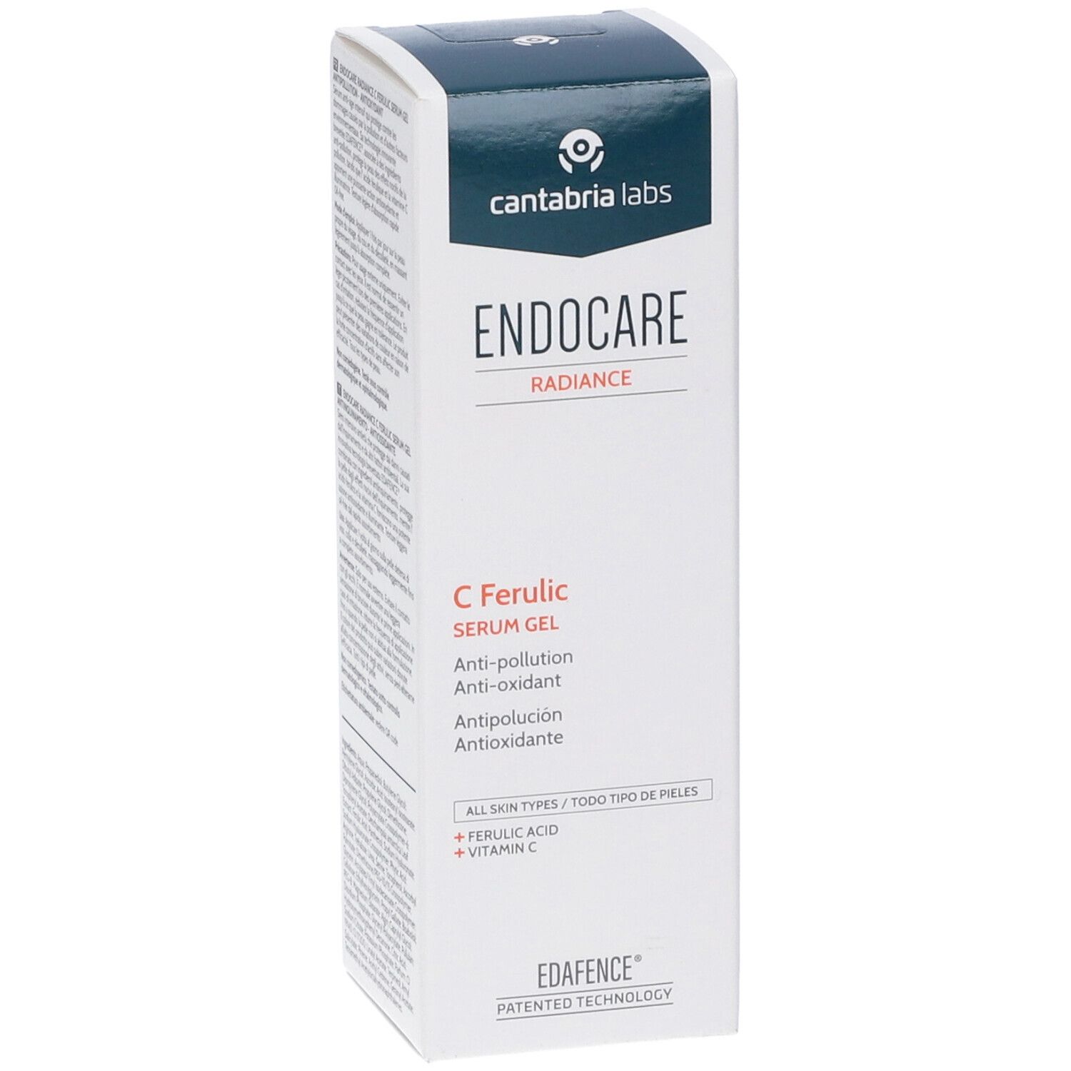Fronte della confezione di ENDOCARE RADIANCE C FERUL SERUM GEL. Scatola bianca con coperchio blu. Nome e loghi.