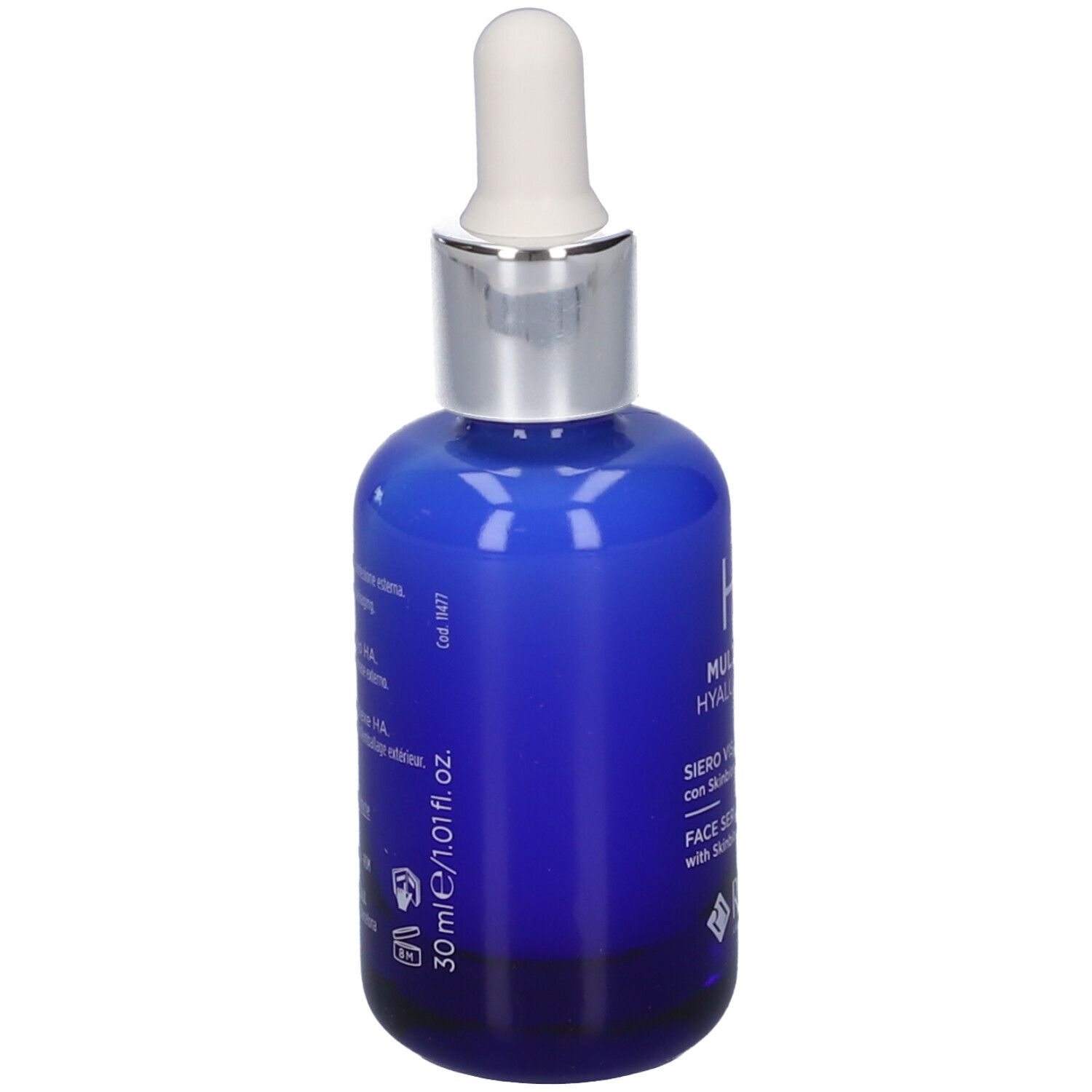 Flacone di vetro blu con contagocce bianco. Scritte e testo. Volume: 30 ml. Marchio: RILASTIL.