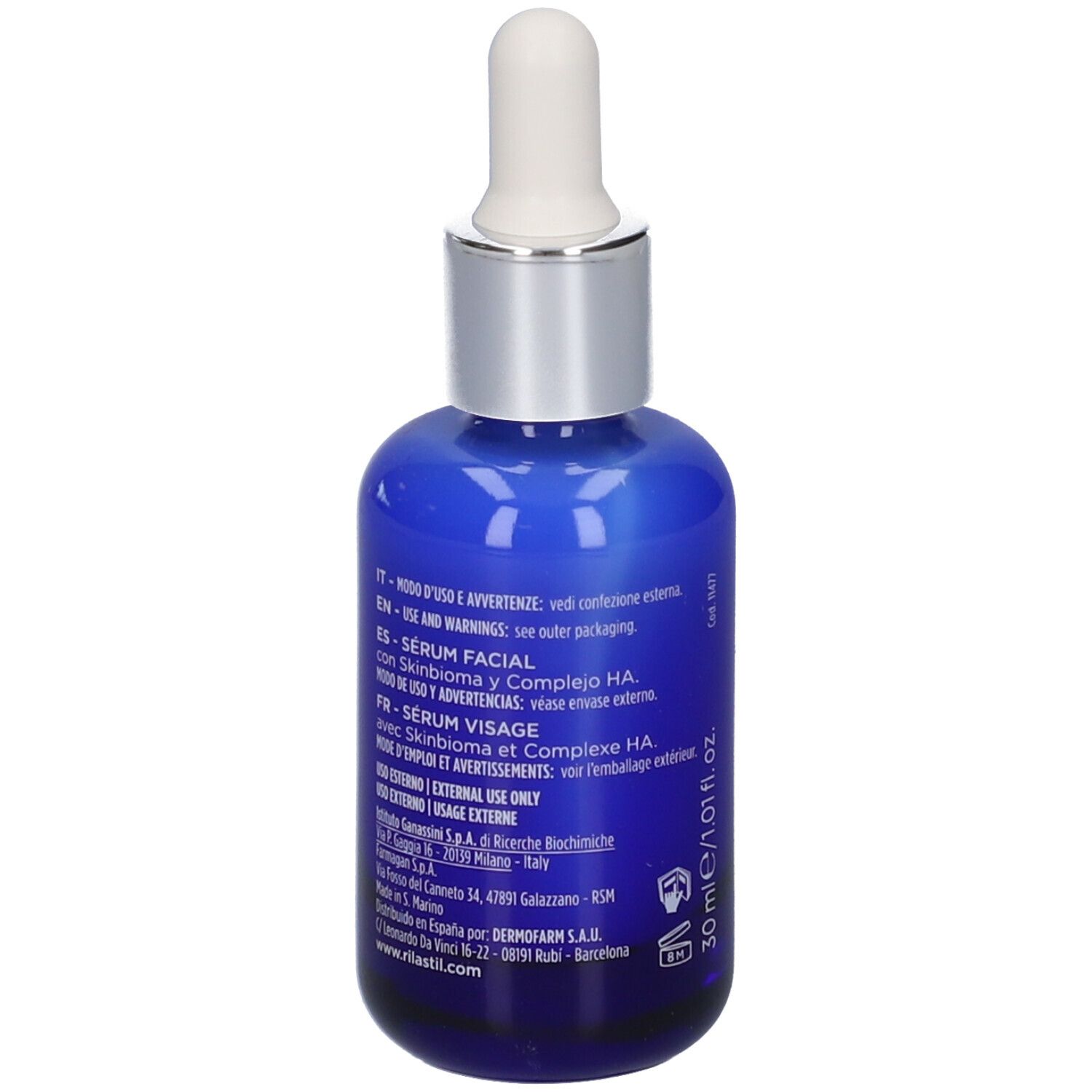 Flacone di vetro blu con contagocce bianco. Testo e scritte. Volume: 30 ml. Marchio: RILASTIL.