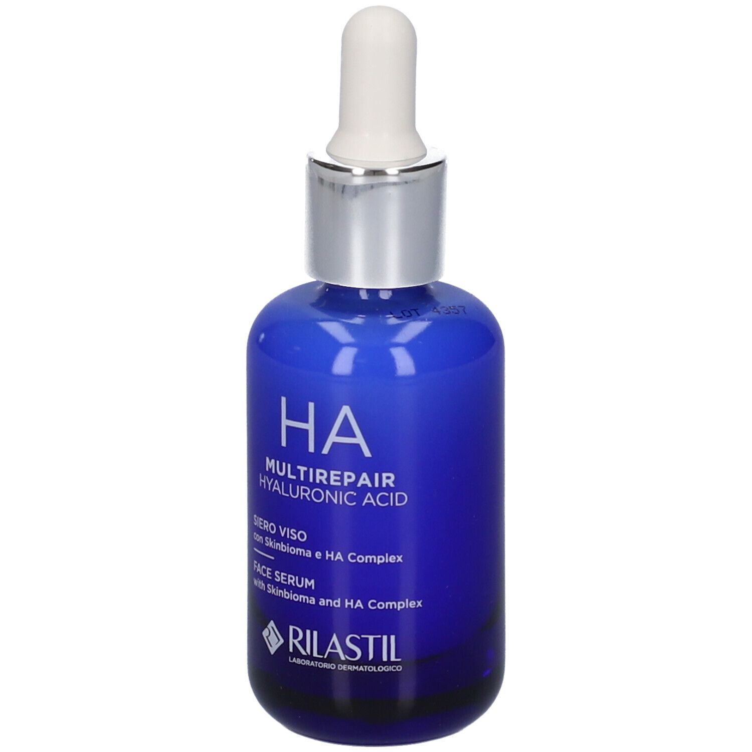 Flacone di vetro blu con contagocce bianco. Scritta: HA MULTIREPAIR HYALURONIC ACID. Marchio: RILASTIL.