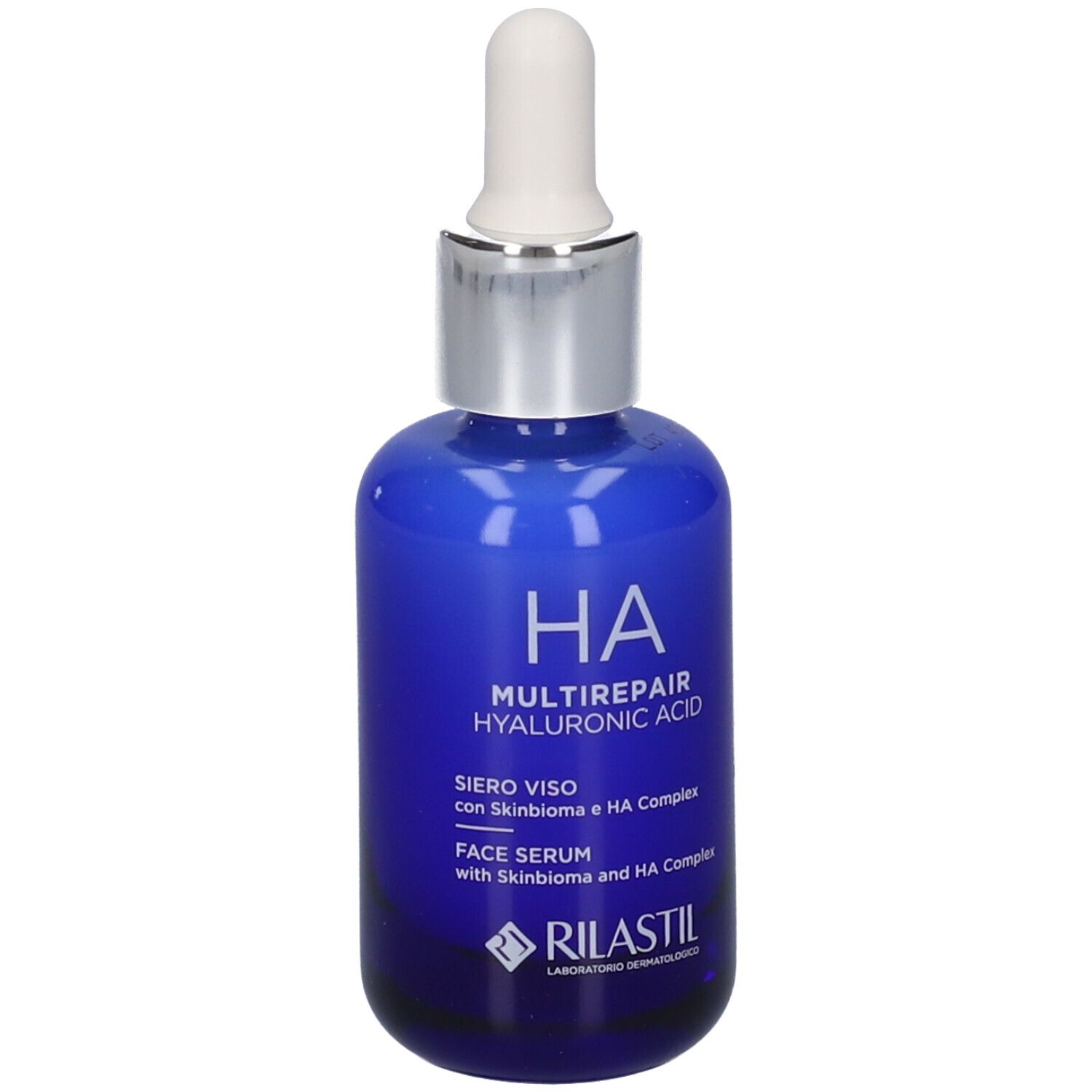 Flacone di vetro blu con contagocce bianco. Scritta: HA MULTIREPAIR HYALURONIC ACID. Marchio: RILASTIL.